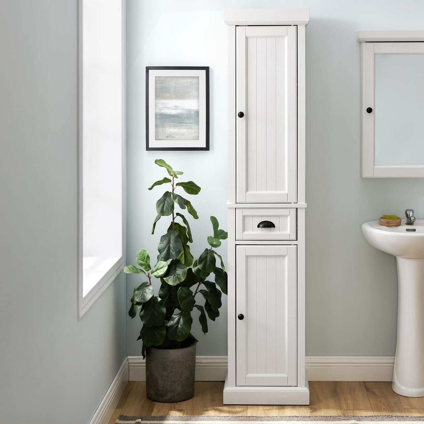Maykoosh Country Cottage Wood Tall Linen Home Storage Cabinet with 2 Drawer in Distressed White, 2 Adjustable and Removable Shelves, 14" D x 16" W x 72" H