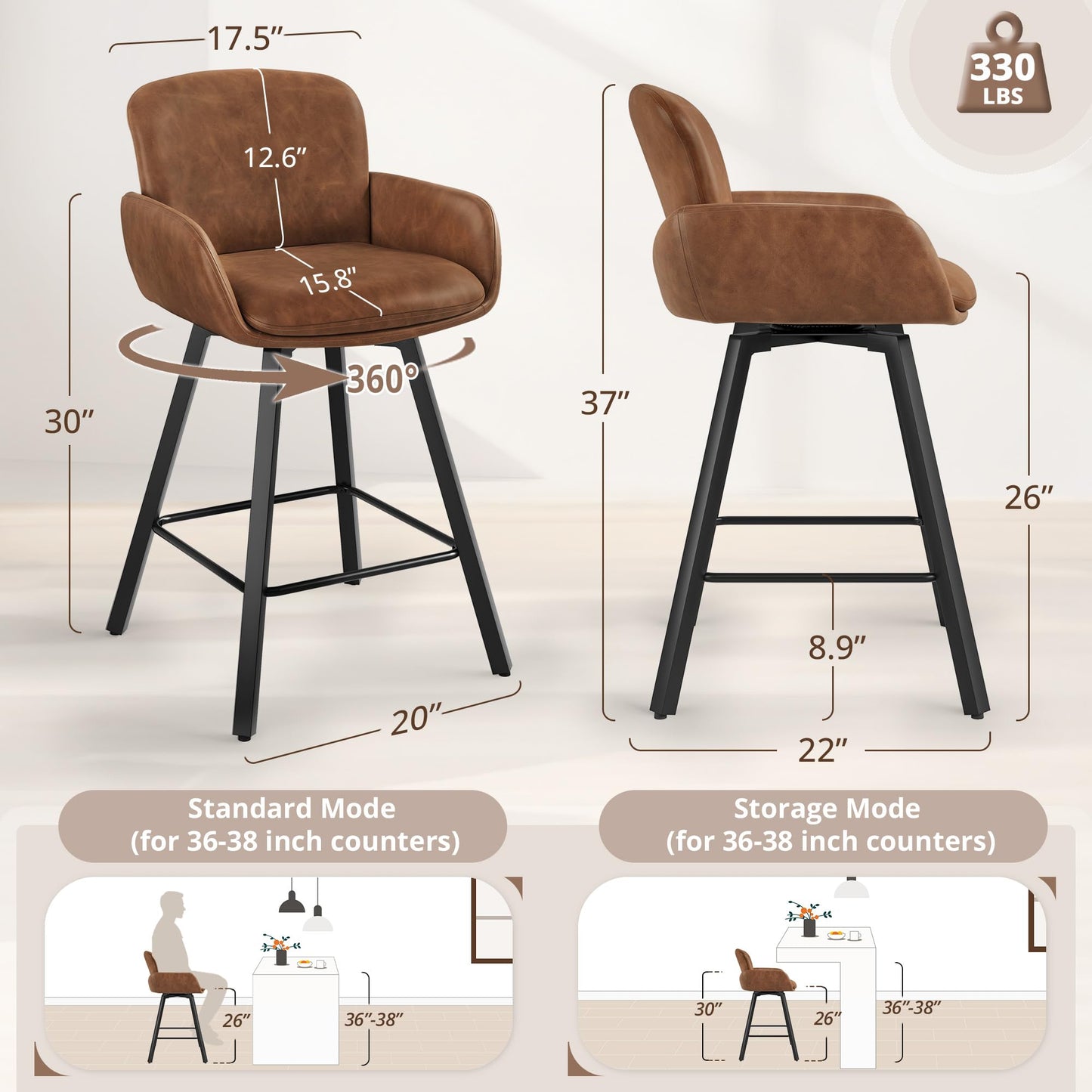 LUE BONA 26" Swivel Bar Stools Set of 4, Counter Height Bar Stools with Backrest and Arms, Modern Upholstered Barstools with Metal Legs for Kitchen Island, Brown