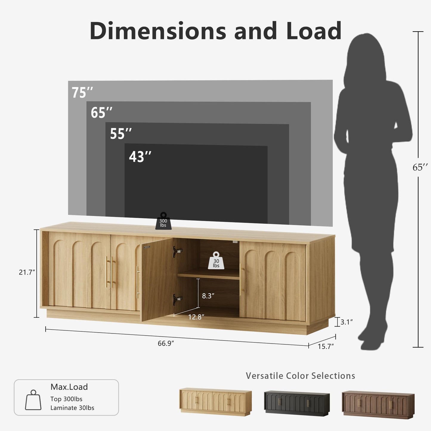 FORTUNETEC TV Stand for 75 Inch TV, Mid Century Modern TV Stand with Arched Design, Wood Grain Finish, Boho Media Console with Adjustable Shelves, 67" Entertainment Center for Living Room Bedroom, Oak