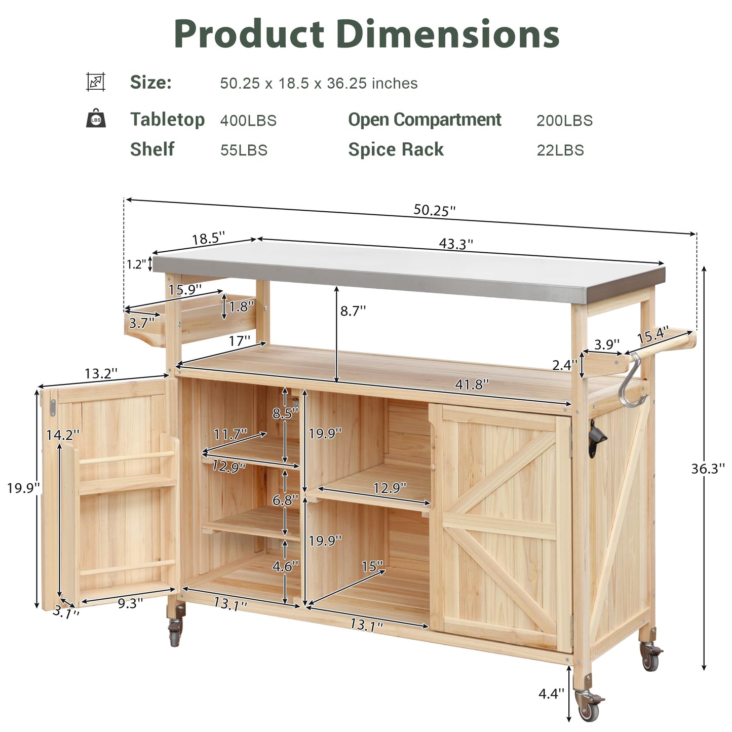 YOPTO Outdoor Kitchen Island,Rolling Bar Cart & Storage Cabinet,Farmhouse Solid Wood Outdoor Grill Table with Stainless Steel Top,Spice and Towel Rack,for Kitchen,Barbecue,Natural,50"