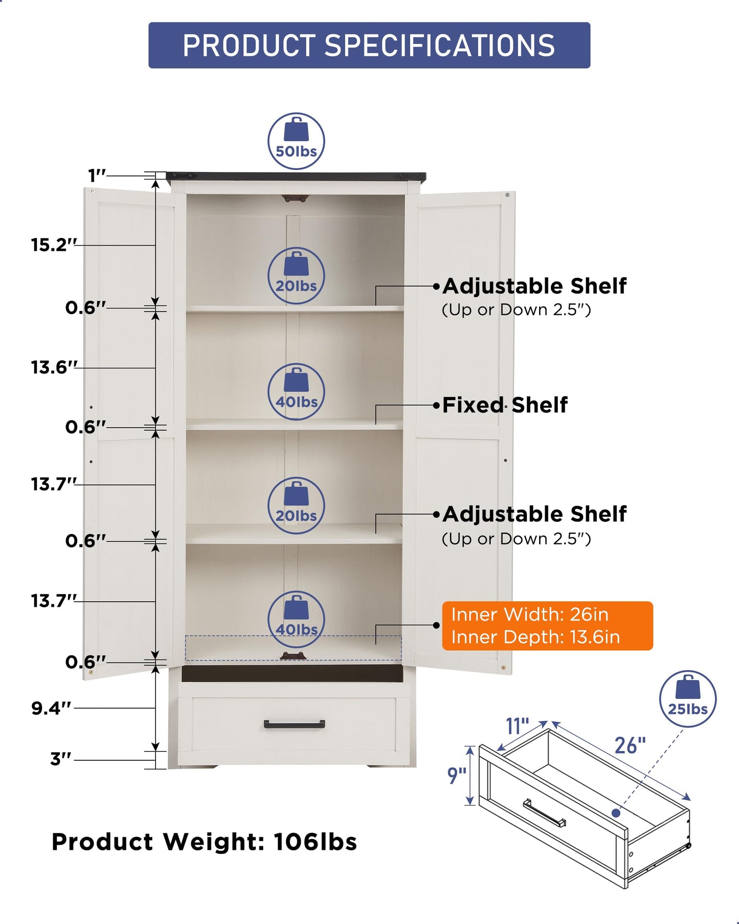 JXQTLINGMU Farmhouse Kitchen Pantry Cabinet - 72" Tall Wood Kitchen Storage Cabinets with Adjustable Shelves & 2 Barn Style Doors & Drawer, Versatile Storage for Dining Room, Bathroom, Antique White