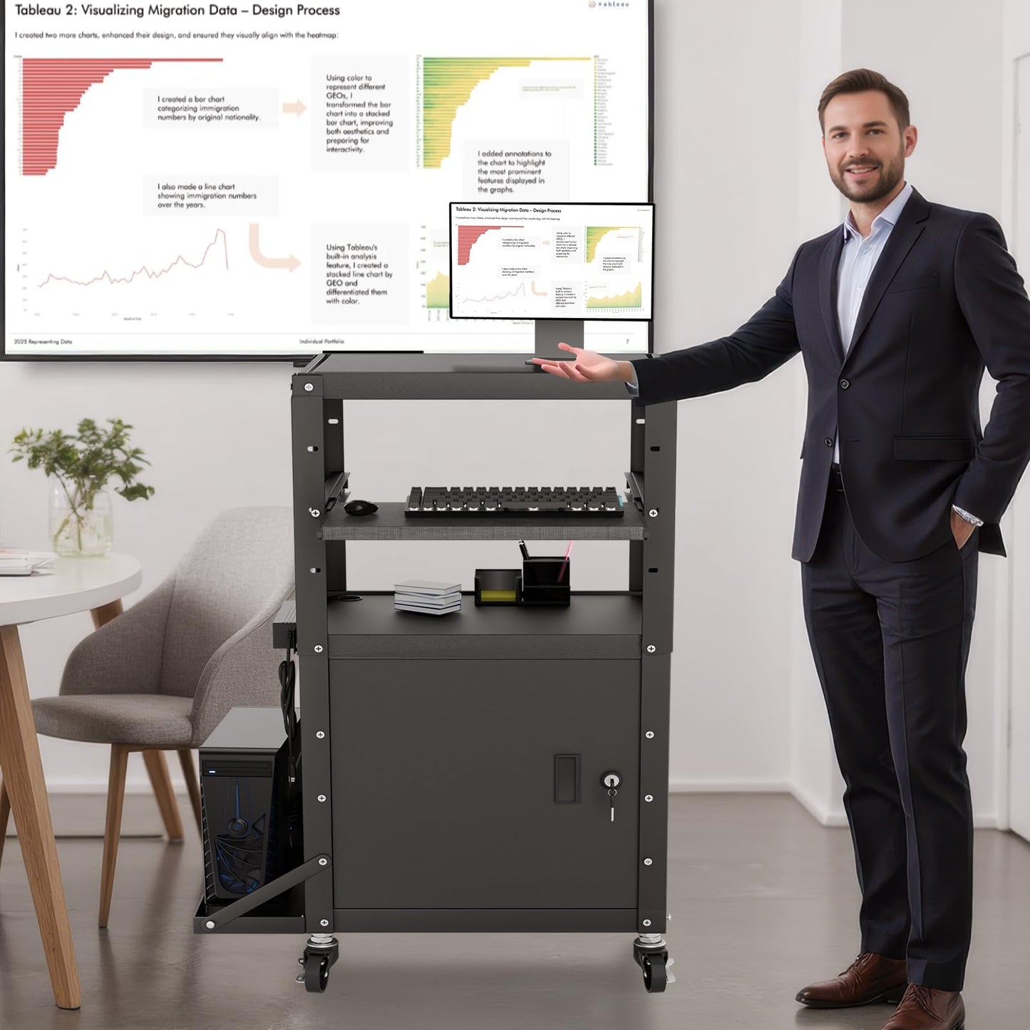 Mobile AV Cart with Side Shelves, Rolling Computer Cart Height Adjustable Rolling Media Utility Cart with Pullout Keyboard Tray Extra Storage Space, 4 Outlets, Perfect for Home or Office Use