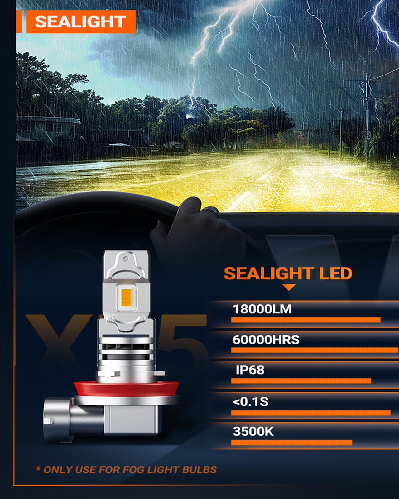 SEALIGHT H11 Fog Light Bulbs 3500K Yellow H9 H16, 1800LM, Plug-N-Play, Pack of 2