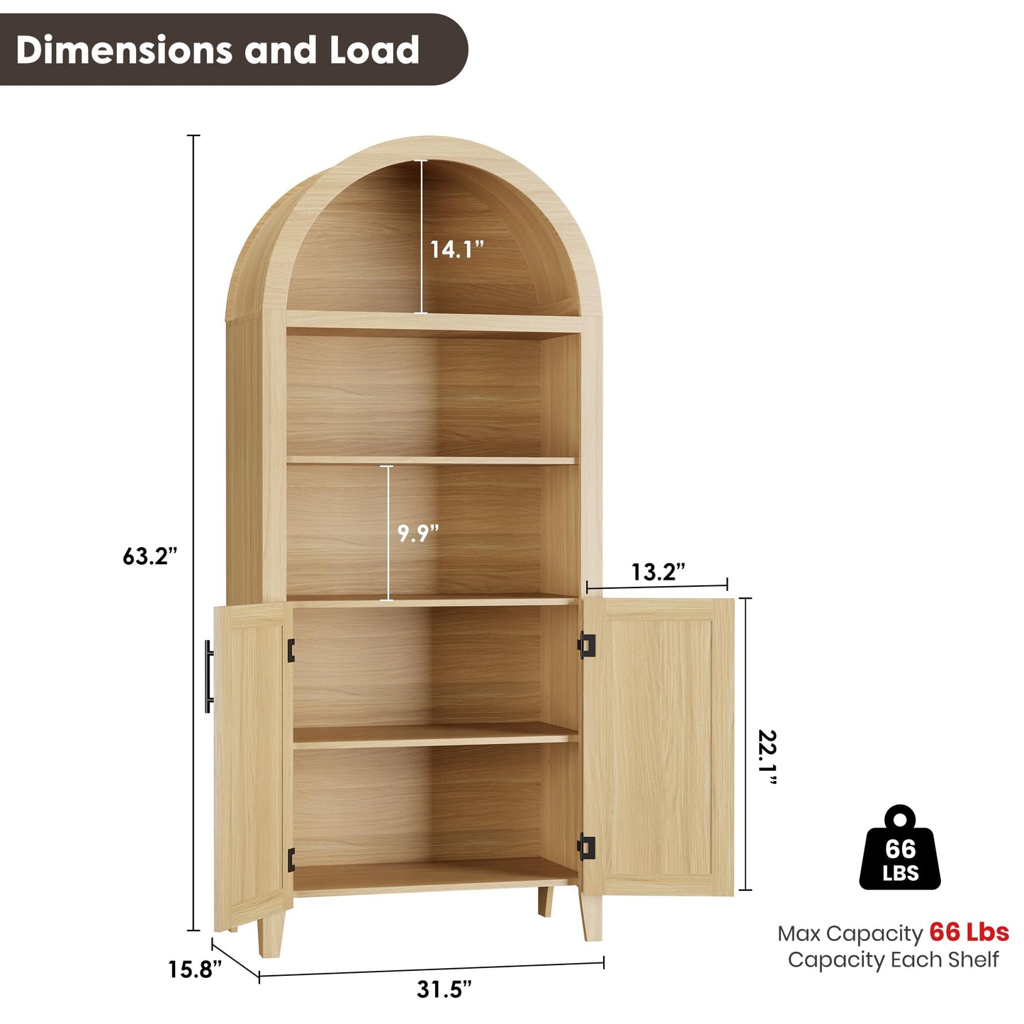 IDEALHOUSE Arched Kitchen Pantry Cabinet with Doors - 5-Tier Open Display Shelf with Rattan Decor, Farmhouse Storage Cabinet for Kitchen, Dining Room, Living Room, Natural