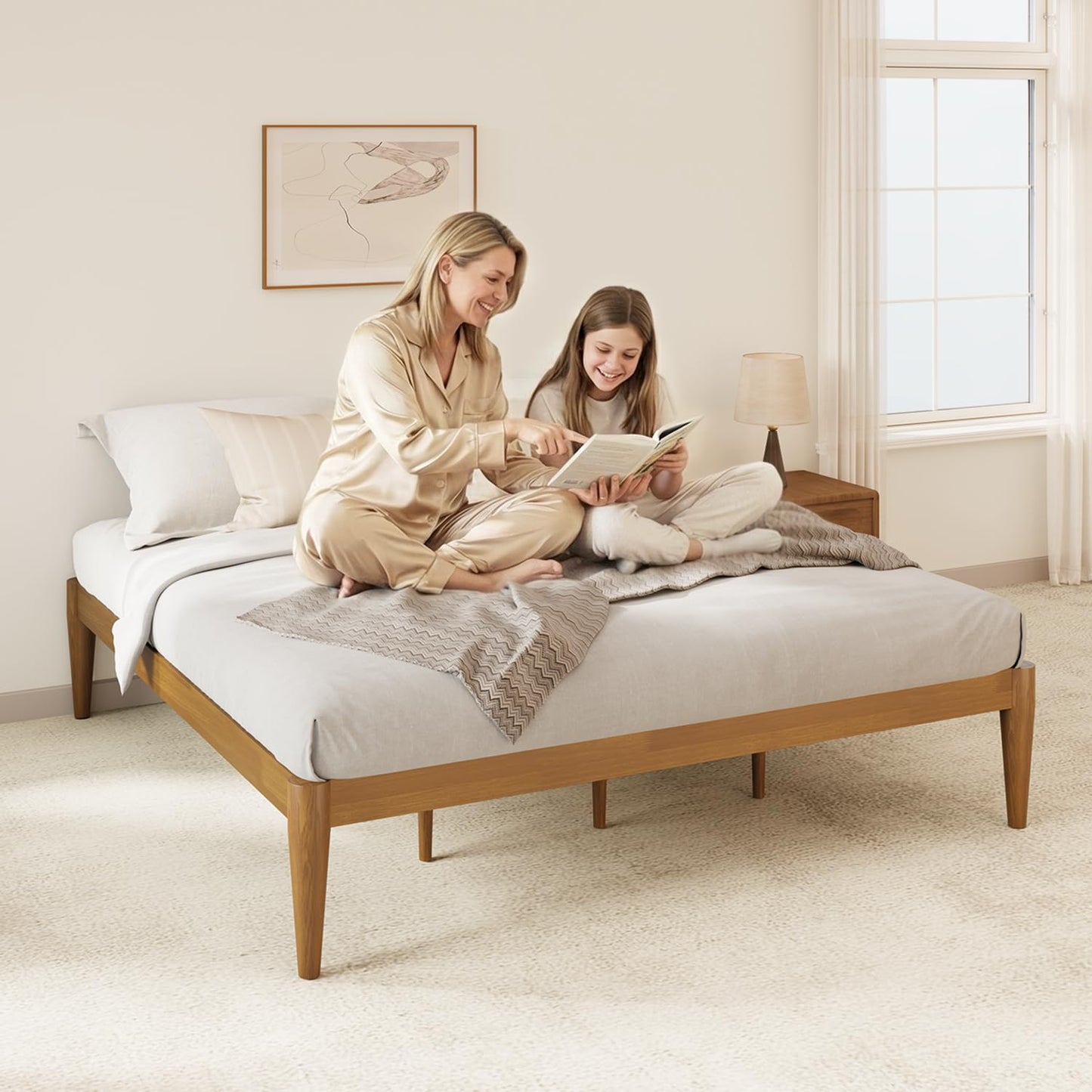 IOTXY Full Platform Bed Frame - Solid Wood 16-Inch Height Mattress Foundation Base with Densely Slats and Heavy-Duty Support Legs, No Box Spring Needed, Teak