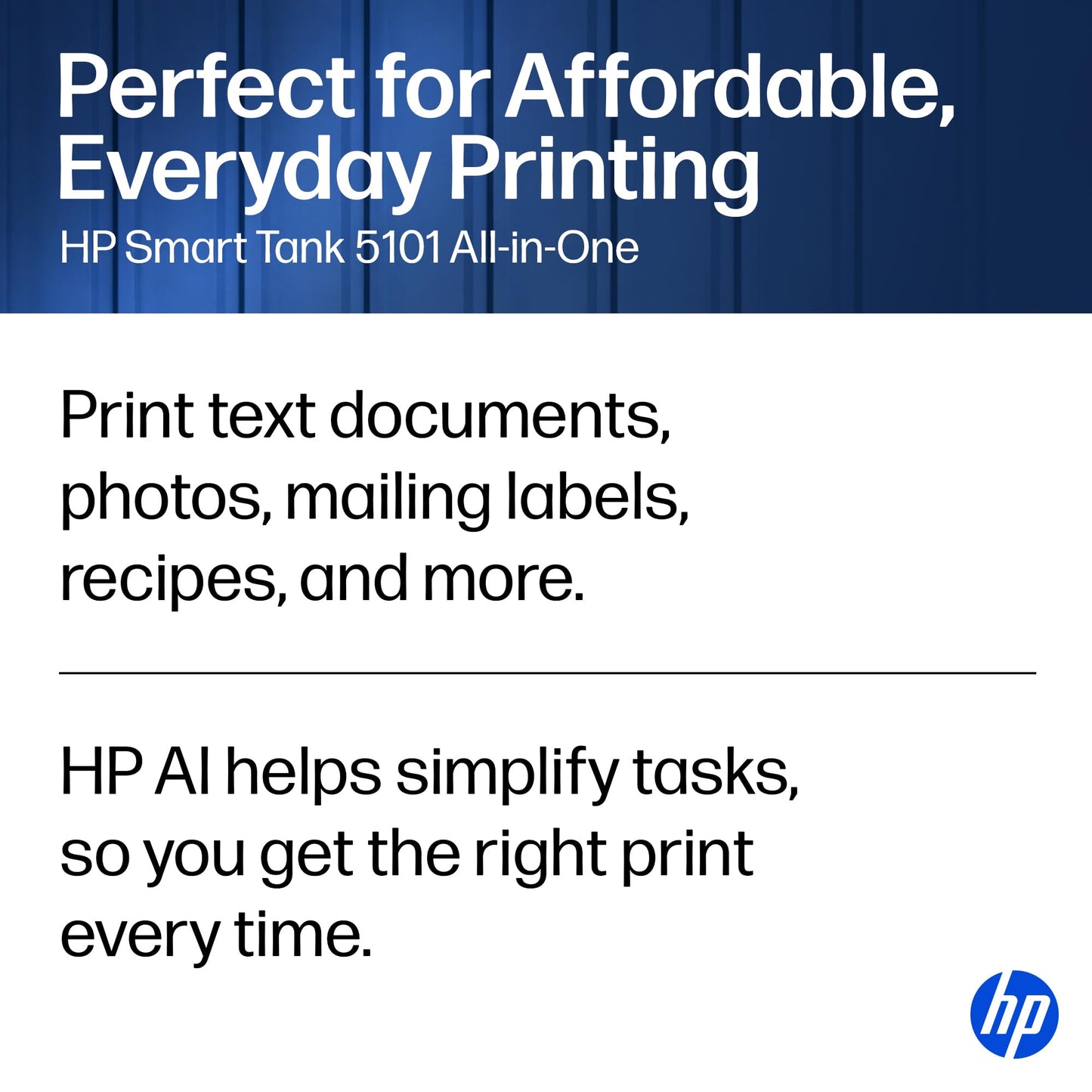 HP Smart Tank 5101 Wireless All-in-One Refillable Printer, Scanner, Copier with 2 Years of Ink Included, Wireless (2.4ghz only) Printer-for-Home use (1F3Y0A)