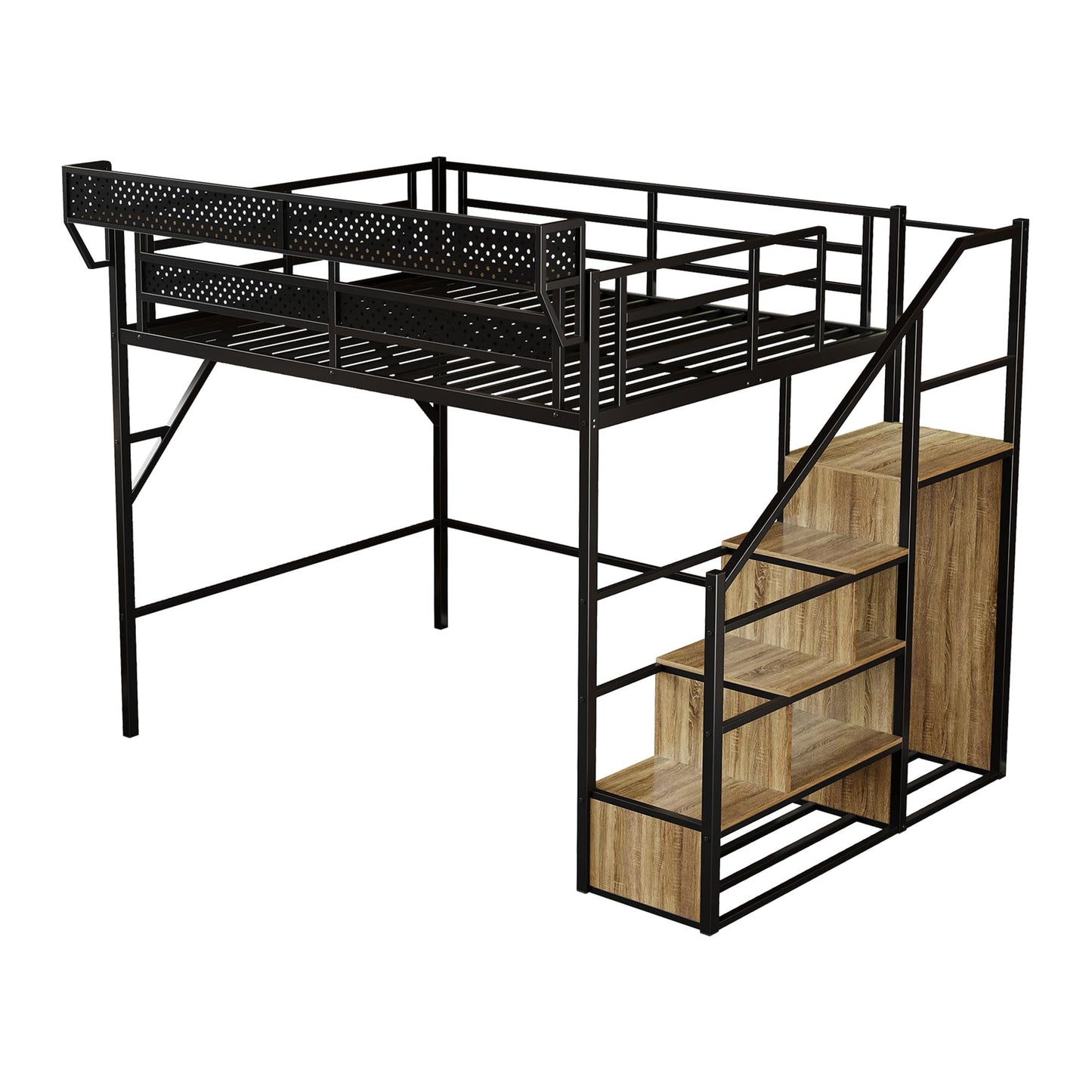 FAVSH Queen Size Metal Loft Bed with Reversible Stairs and LED & USB Port