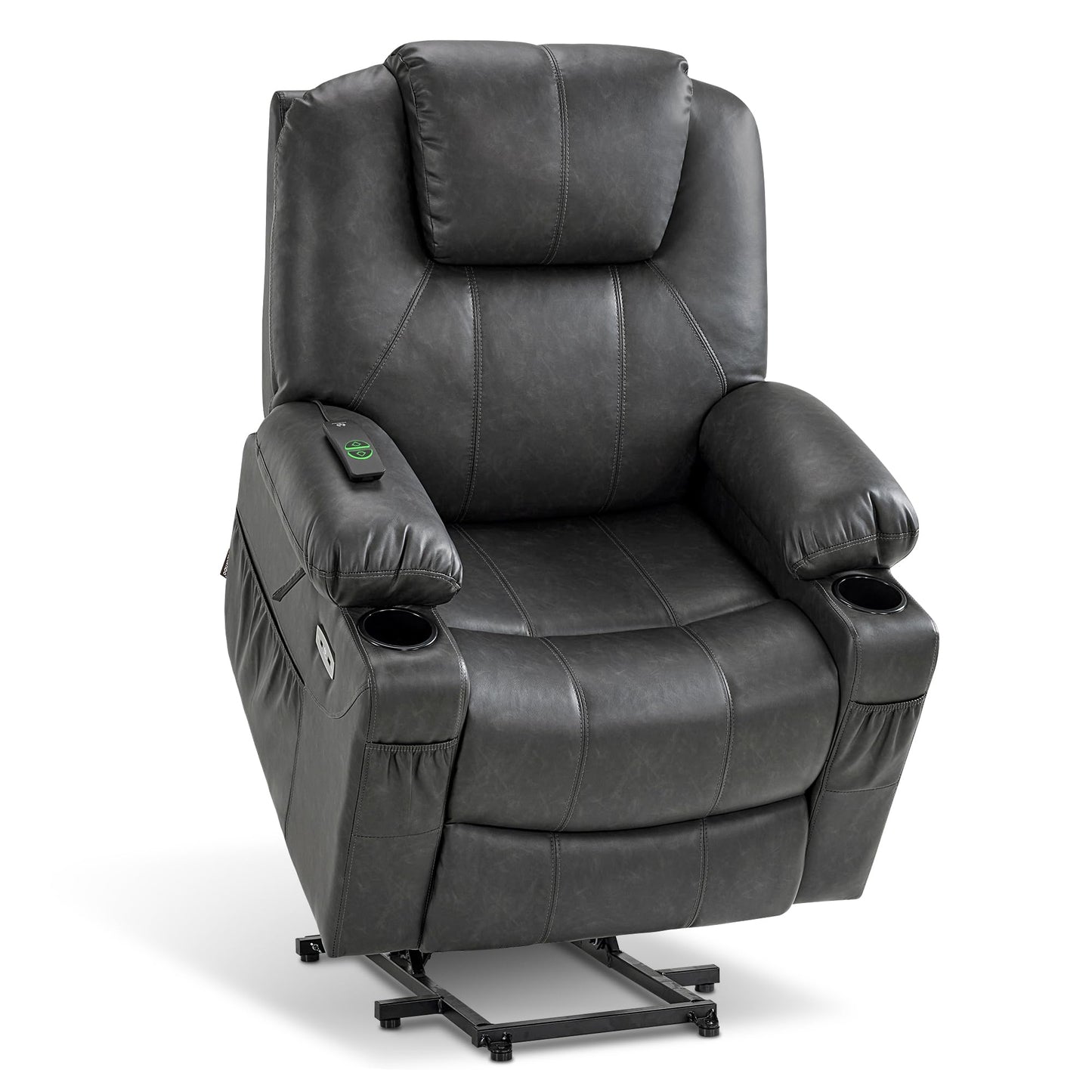 MCombo Electric Power Lift Recliner Chair Sofa with Massage and Heat for Elderly, 3 Positions, 2 Side Pockets, and Cup Holders, USB Ports, Faux Leather 7040 (Grey, Medium)