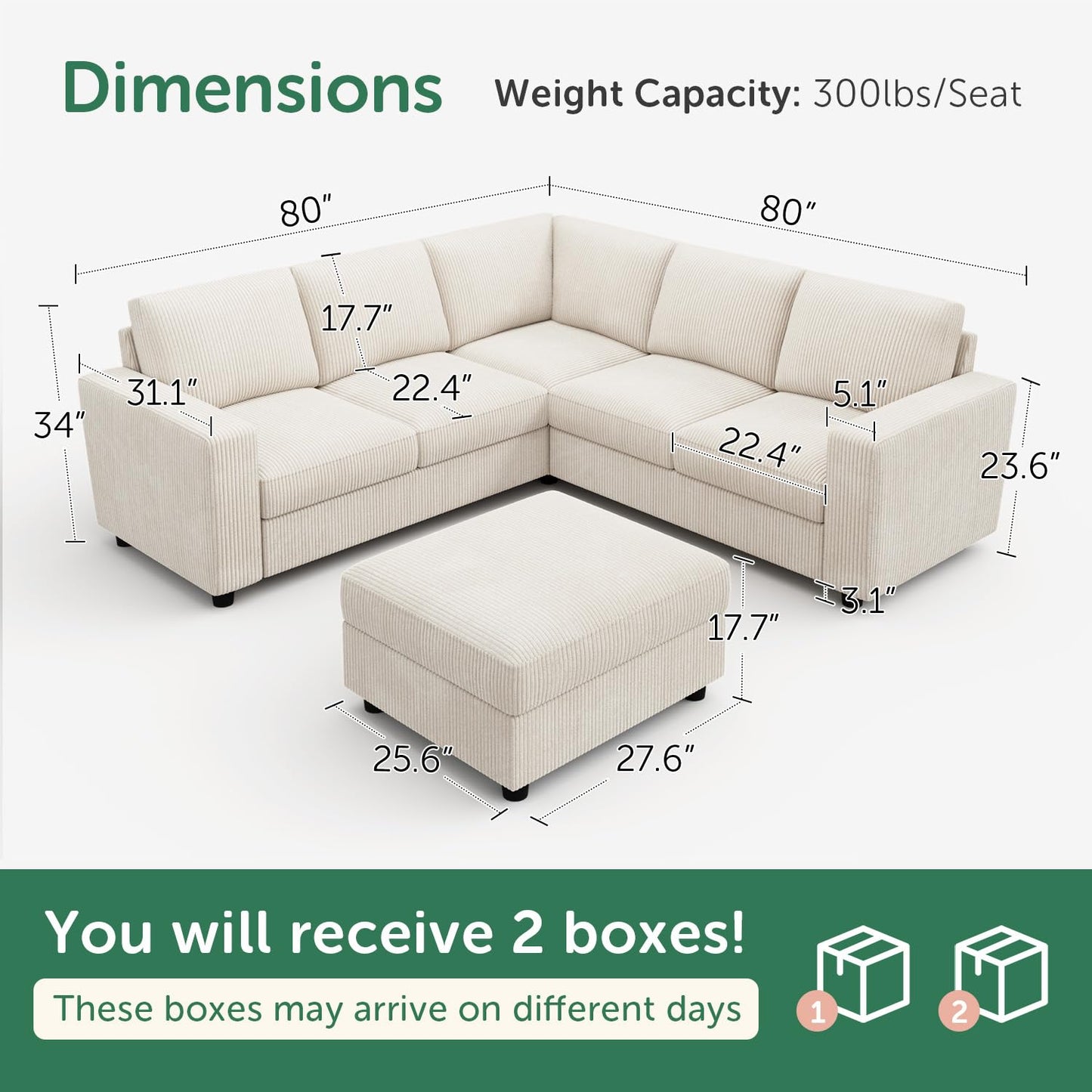 HONBAY Corduroy Sectional Sofa, 80 Inch 6 Seats L Shaped Couch with Ottoman for Living Room, Beige