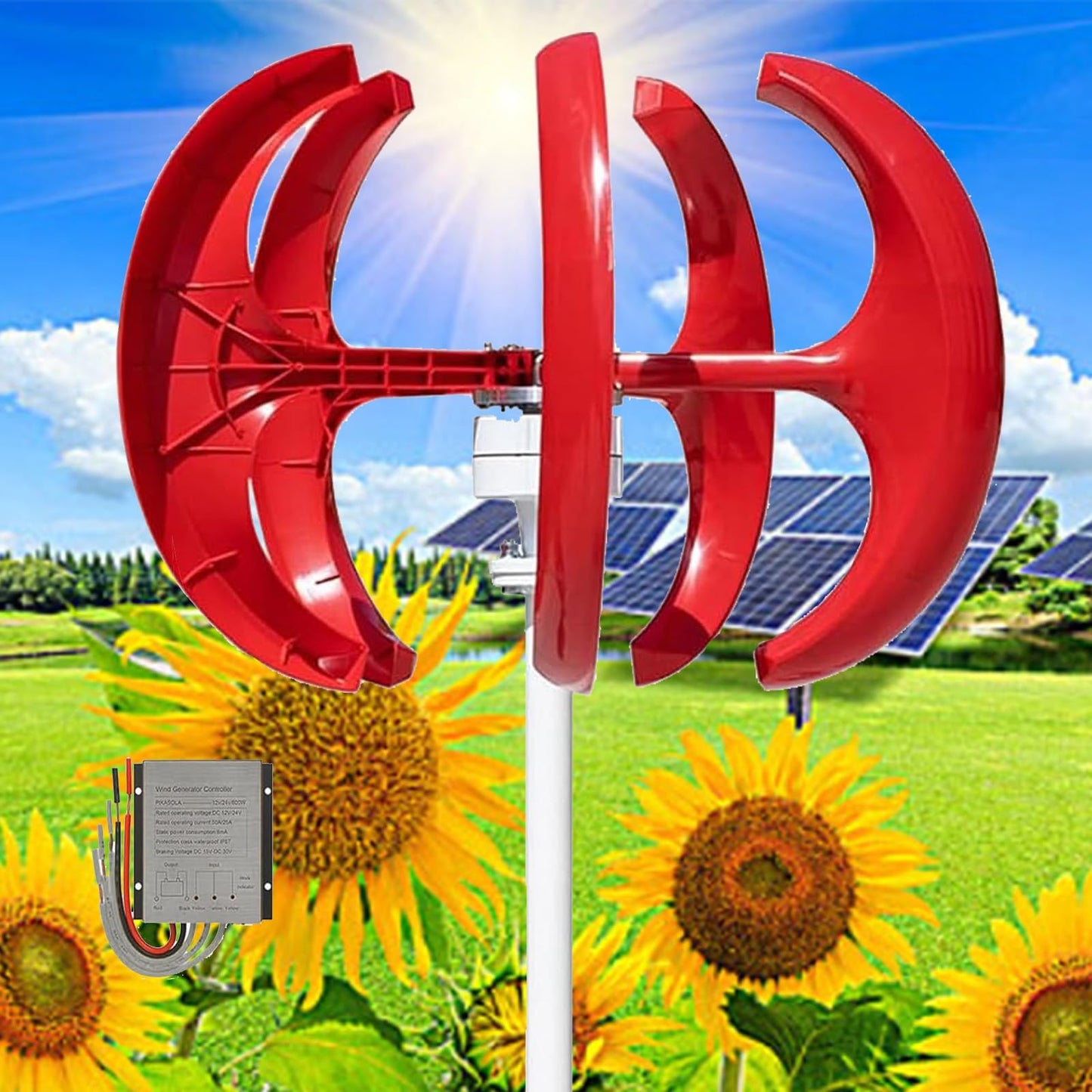 CLPYING 16000W Wind Turbines Generator,5 Blades 12V/24V/48V Vertical Axis Wind Turbines Generator Kit,3 Phase AC Permanent Magnet Generator Kit for Home Hybrids Streetlight Use(Red,48V)