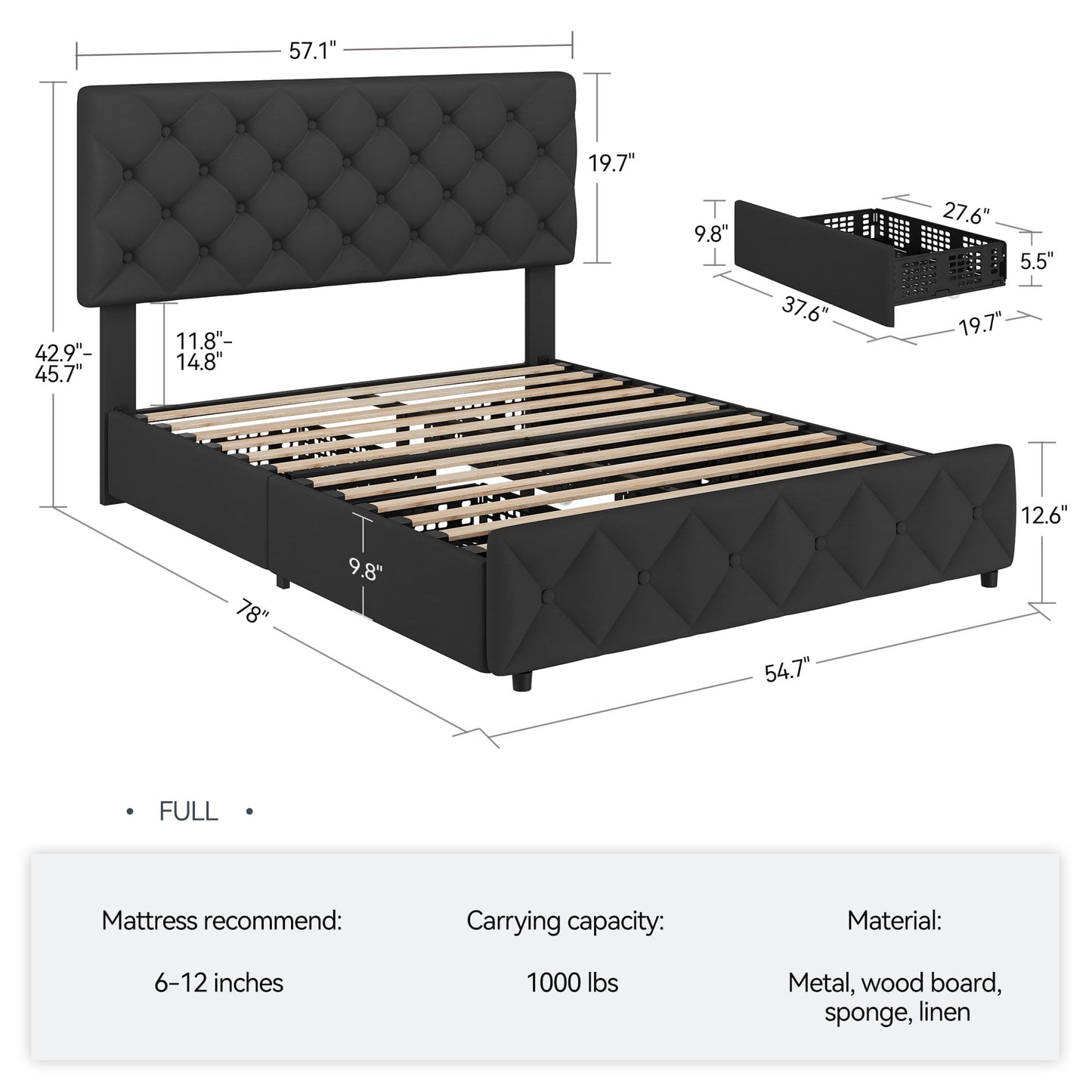 IDEALHOUSE Full Size Bed Frame with 4 Storage Drawers and Adjustable Headboard, Linen Upholstered Platform Beds, Diamond Stitched Button Tufted, No Box Spring Needed, Black