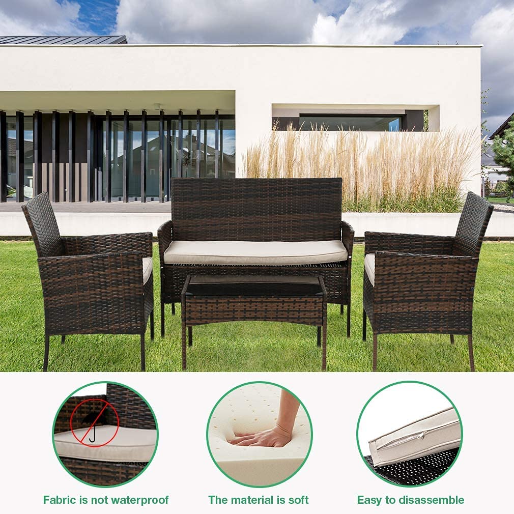Outdoor Patio Furniture Sets 4 Pieces Patio Set Rattan Chair Wicker Sofa Conversation Set Patio Chair for Backyard Lawn Porch Poolside Balcony Garden Furniture Sets with Coffee Table (Brown)