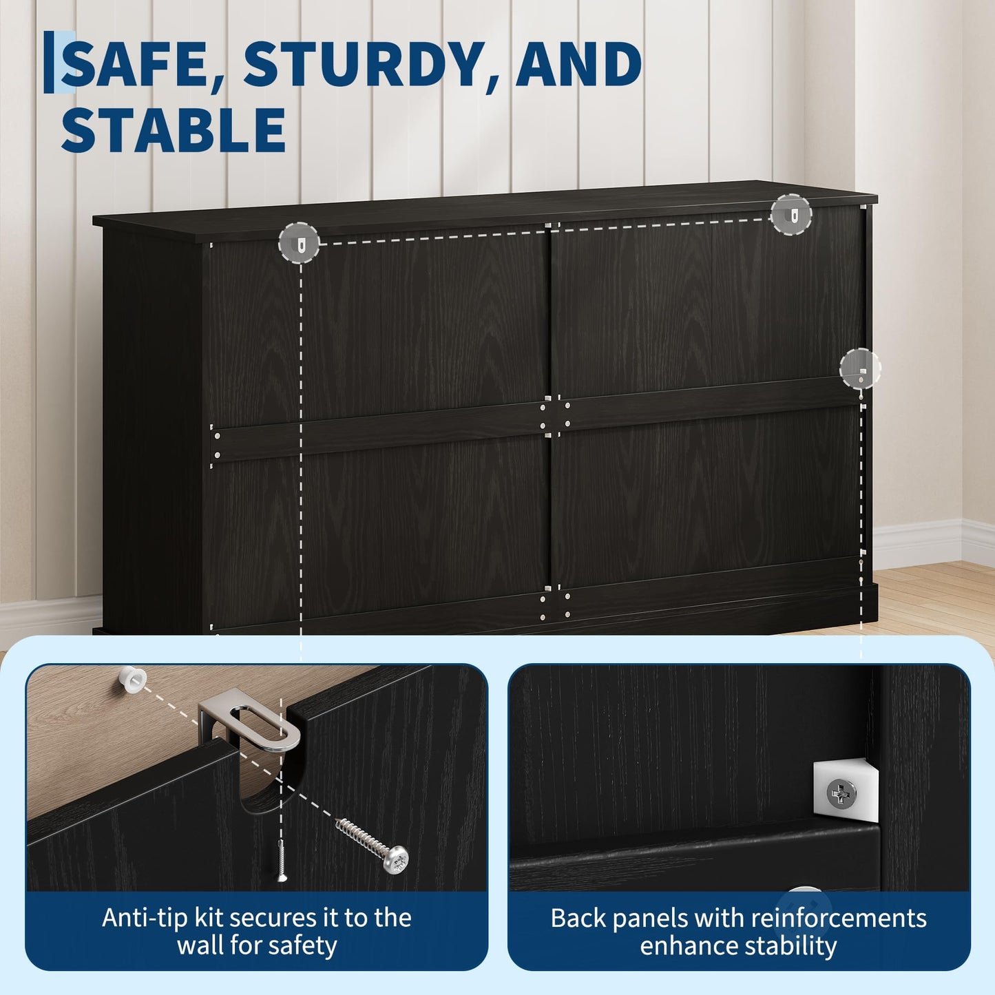 Garvee 63" Large Buffet Sideboard with Storage, 36" Tall Kitchen Buffet Storage Cabinet with 4 Drawers, Modern Coffee Bar Cabinet with Gold Handles, Long Sideboard Buffet Table for Kichen, Black