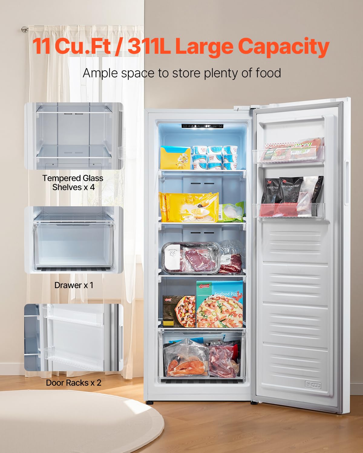 VEVOR Convertible Freezer/Refrigerator, 11 Cu.Ft Frost Free Upright Freezer with Temp Control Panel, Reversible Door, Adjustable Glass Shelves and LED, Standing Fridge for Kitchen, Office, Garage