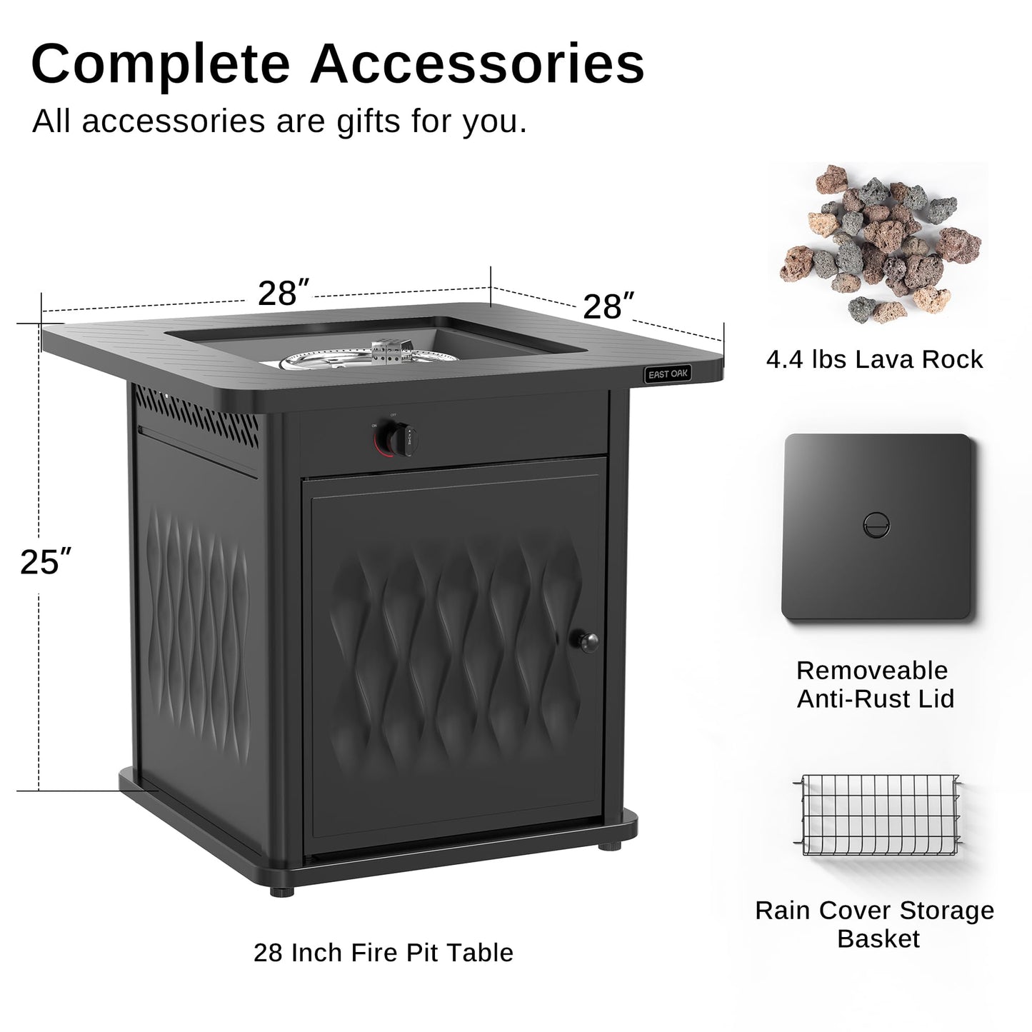 EAST OAK 28'' Steel Propane Fire Pit Table, 50,000 BTU CSA Certified Fire Table with Magnetic Lid, Steel Gas FirePit for Outdoor and Garden, Cover-Storage Basket and Lava Rock , Chocolate Coffee