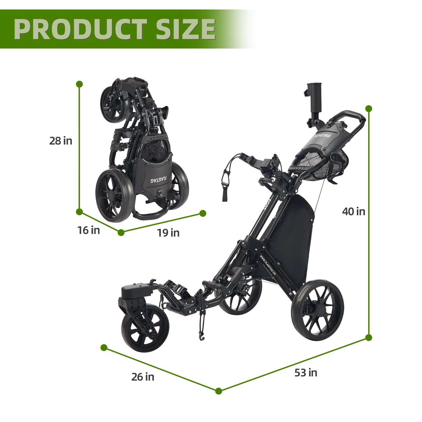 FLAGTAG Golf Push Cart 3 Wheel with 360 Swivel Front Wheel,Lightweight and Foldable Walking Golf Cart，One-Click Foldable,with Foot Brake