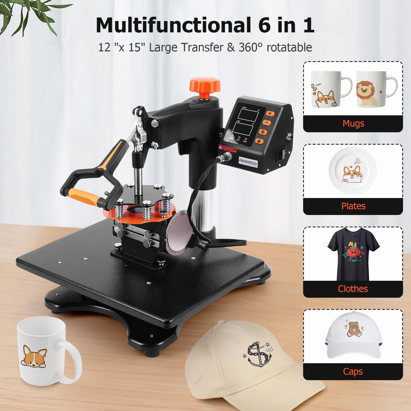 6 in 1 Heat Press Machine 12x15 Inch, Multifunction Heat Transfer Sublimation Combo, 360° Swing Away, Digital Industrial-Quality T Shirt Pressing Machine for Mugs Hats Caps Plates