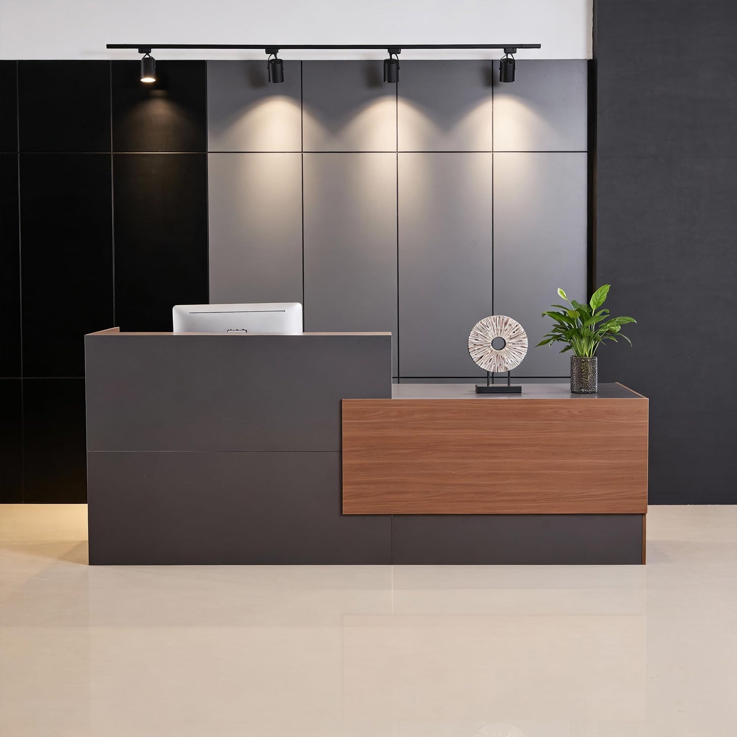 86.8" Modern Reception Desk, Large Front Table with Lockable Drawer,Keyboard Tray and Shelves,Receptionist Desk for Corporate and Hotel Lobbies (Brown & Iron Gray, 86.8" Lx23.5 Wx43.3 H)