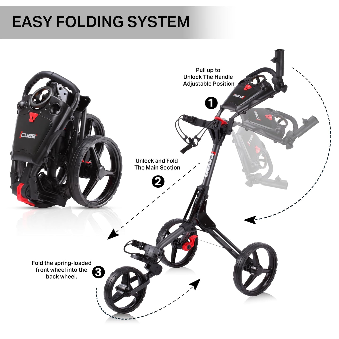 CUBE CART 3-Wheel Golf Push Cart – Ultra-Compact 14.5 lb Folding Golf Trolley, Two-Step Fold, Adjustable Handle, Foot Brake, Umbrella Holder & Built-in Storage - Charcoal/Black