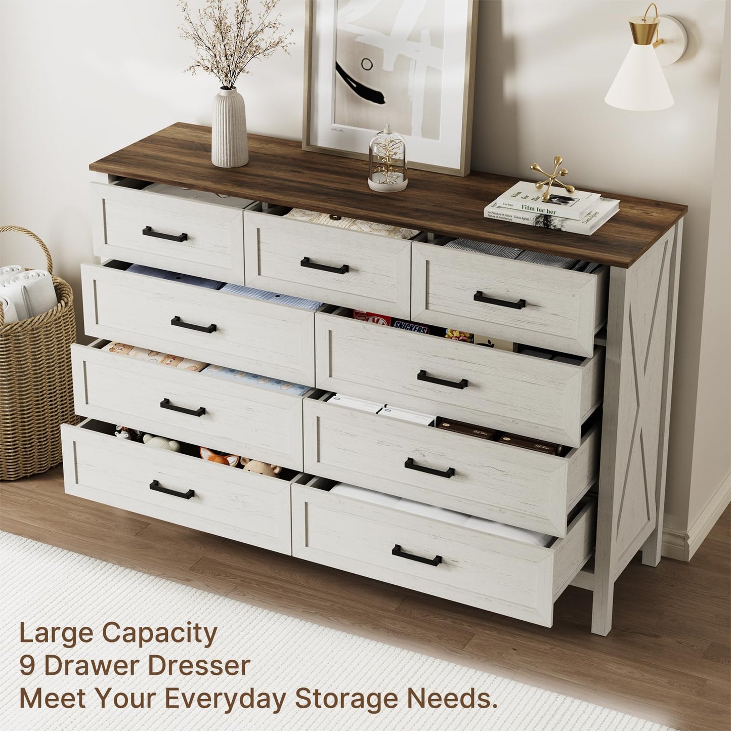 LYNSOM Farmhouse 9 Drawer Dresser for Bedroom, 55 Inch Wide Wood Rustic Chest of Drawers with X-Marking & Bar Handle, Large Storage Dressers Organizer for Bedroom, Living Room, Antique White