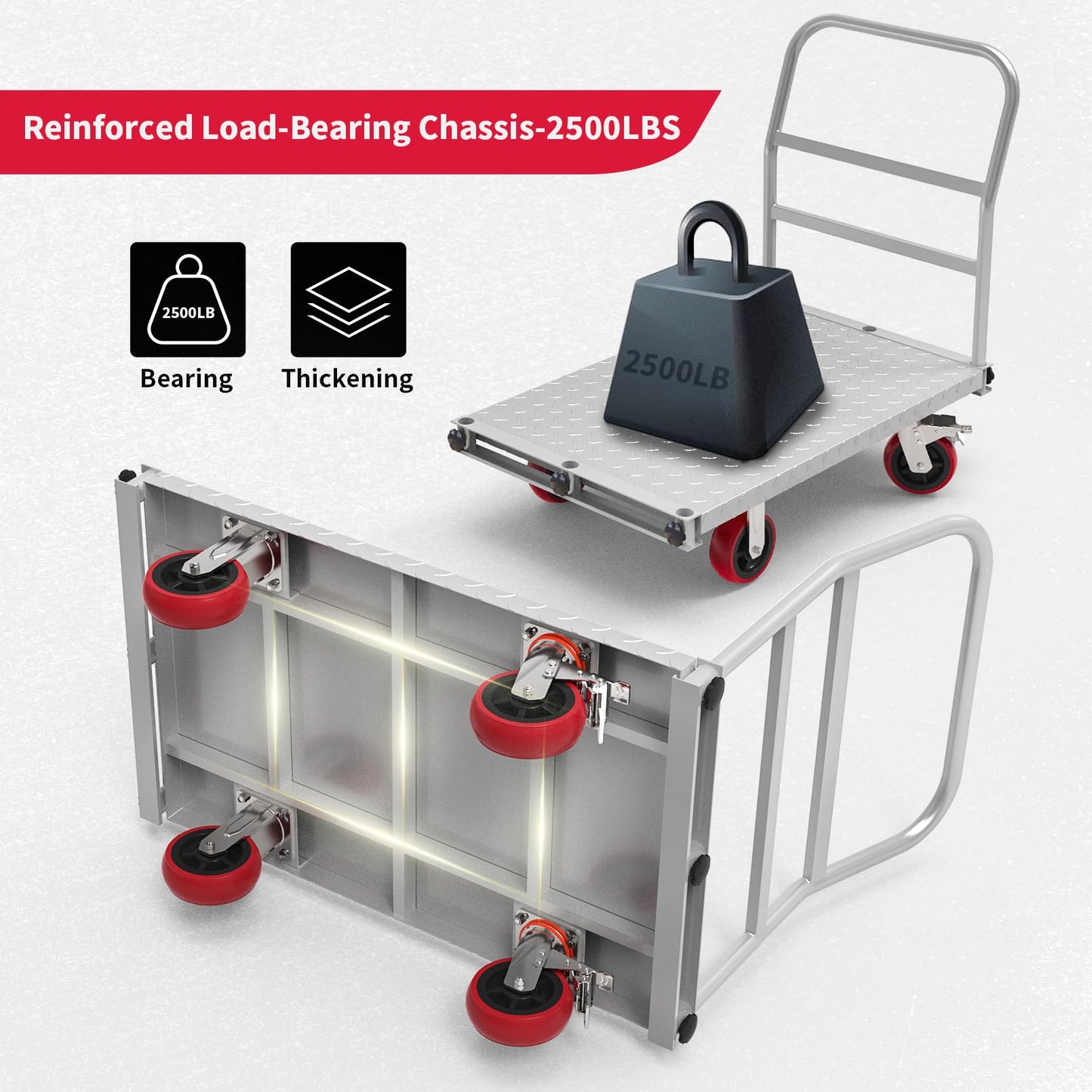PHEXOD 2IN1 Steel Panel Truck Cart, Lumber Cart Drywall Dolly，2500LBS Heavy Duty Flatbed Cart Dolly with 6" Swivel Brake Wheels, 40x24INCH 2MM Plate Platform Truck with 1Front and 3Side Handrails