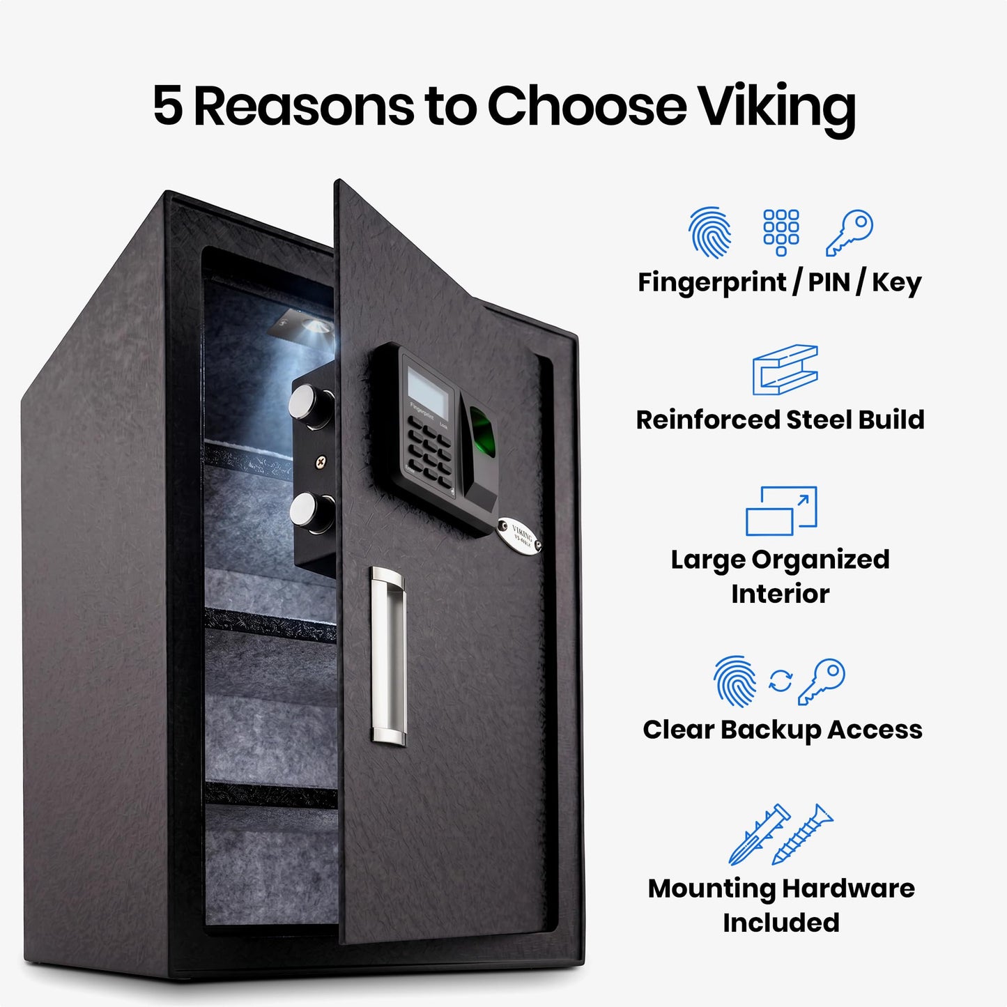 Viking Security Safe Large Biometric Safe – Quick-Access Fingerprint, PIN & Key Entry, Heavy-Duty Steel with Anti-Pry Door, Adjustable Shelves, Interior LED Light VS-50BLX