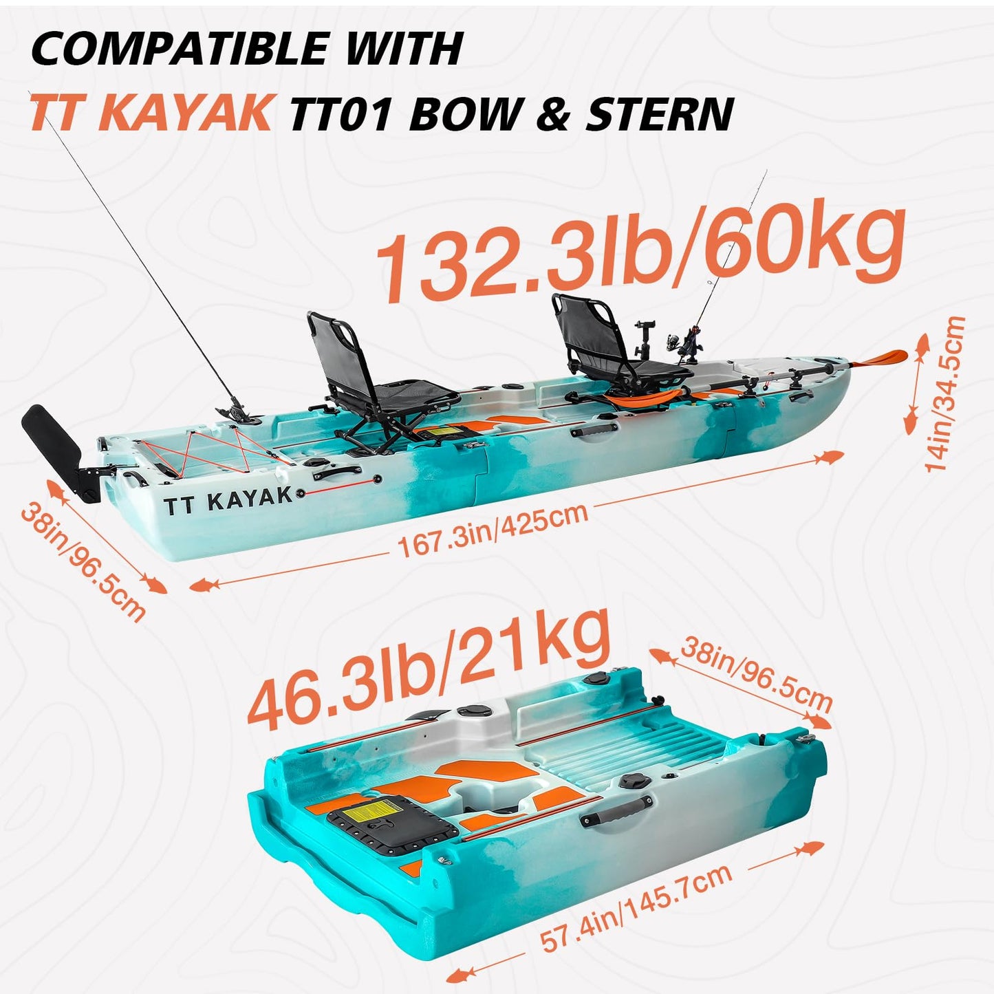 Modular Middle Extension Section-with Adjustable Height Seat, Converts Single to Tandem Fishing Kayak, Compatible with 110in Modular Sit-on-Top Kayak (2-Person Kayak-Only Middle Section)