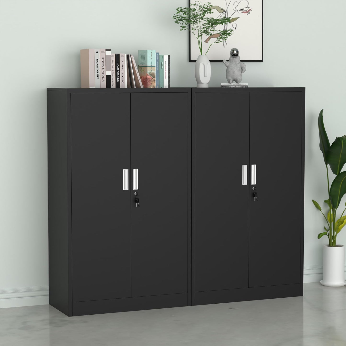 iJINGUR Metal Storage Cabinet with Locking Doors and Adjustable Shelves, 53.5-Inch Tall Lockable Storage Cabinets for Home Office Garage Kitchen Pantry (Black)