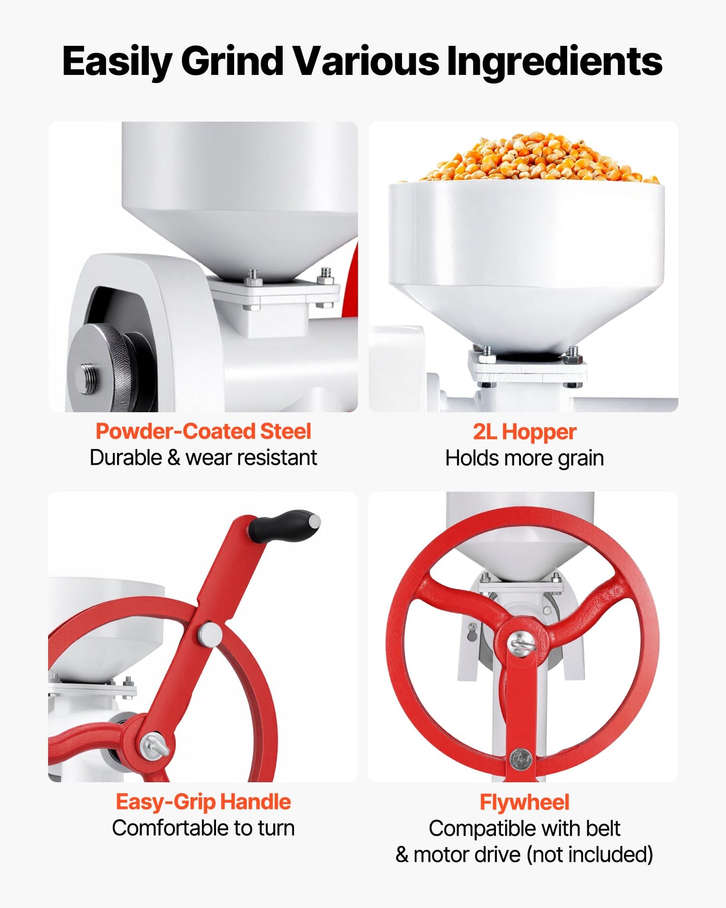 VEVOR Manual Grain Mill with Flywheel, Hand-Crank Corn Grinder, Heavy-Duty Carbon Steel Wheat Grinding Mill with Adjustable Fineness & 0.53 Gallon Hopper for Grains Spices Coffee Beans Nuts