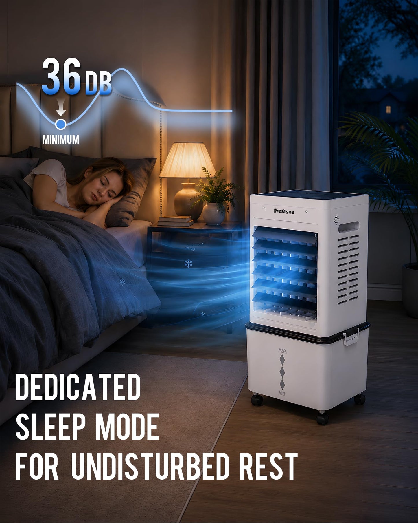 Frostyne Portable Evaporative Air Cooler w/Humidifier – 3Ga Water Tank, 10 Ice Packs, 6 Speeds & 4 Modes, Timer & Remote, Windowless Portable Fan for Bedroom, Home, Office,Black