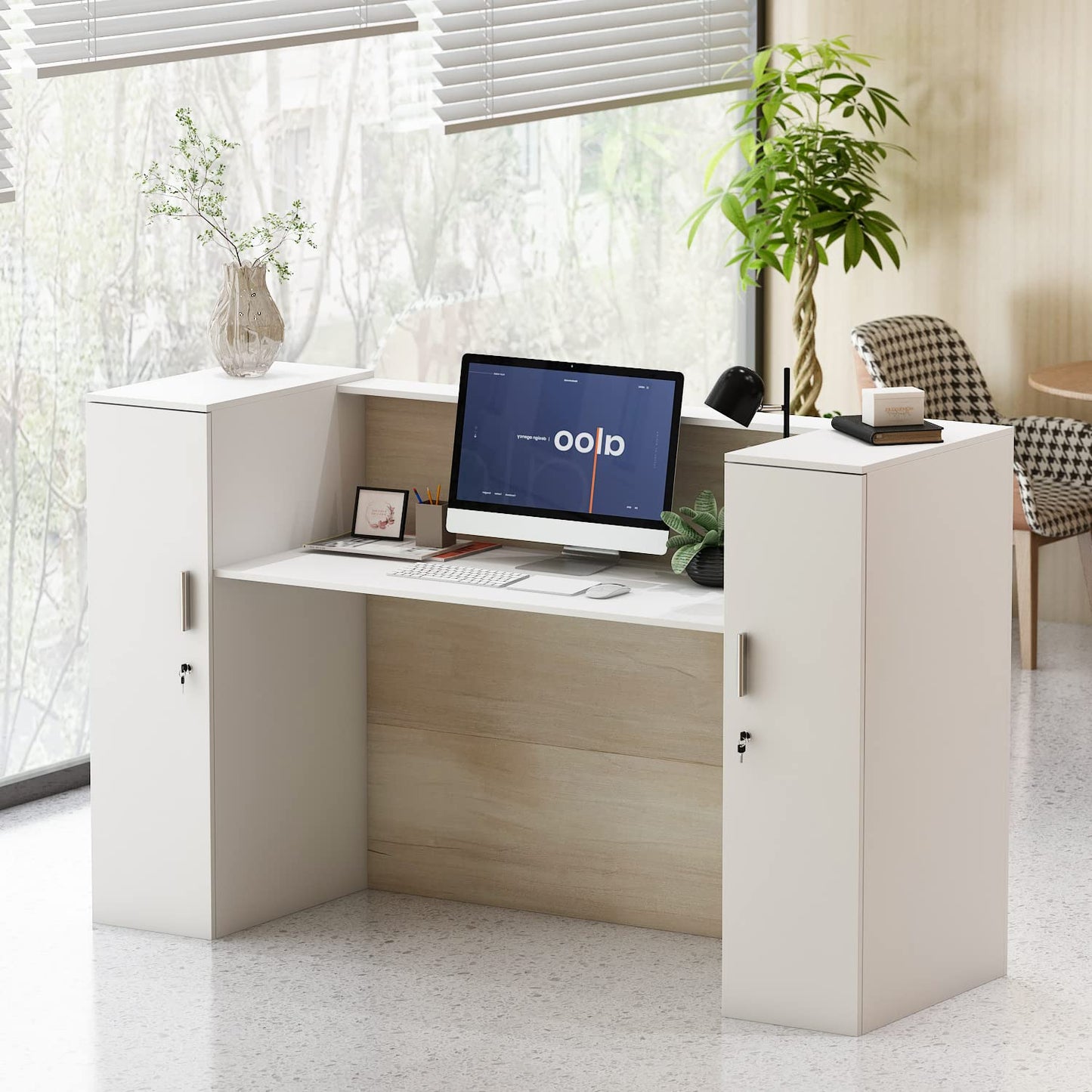 AIEGLE Large Reception Desk with Counter, Retail Counter with Private Lockable Storage & Adjustable Shelves, for Salon Reception Room Checkout Office, Natural and White (70.9" W)