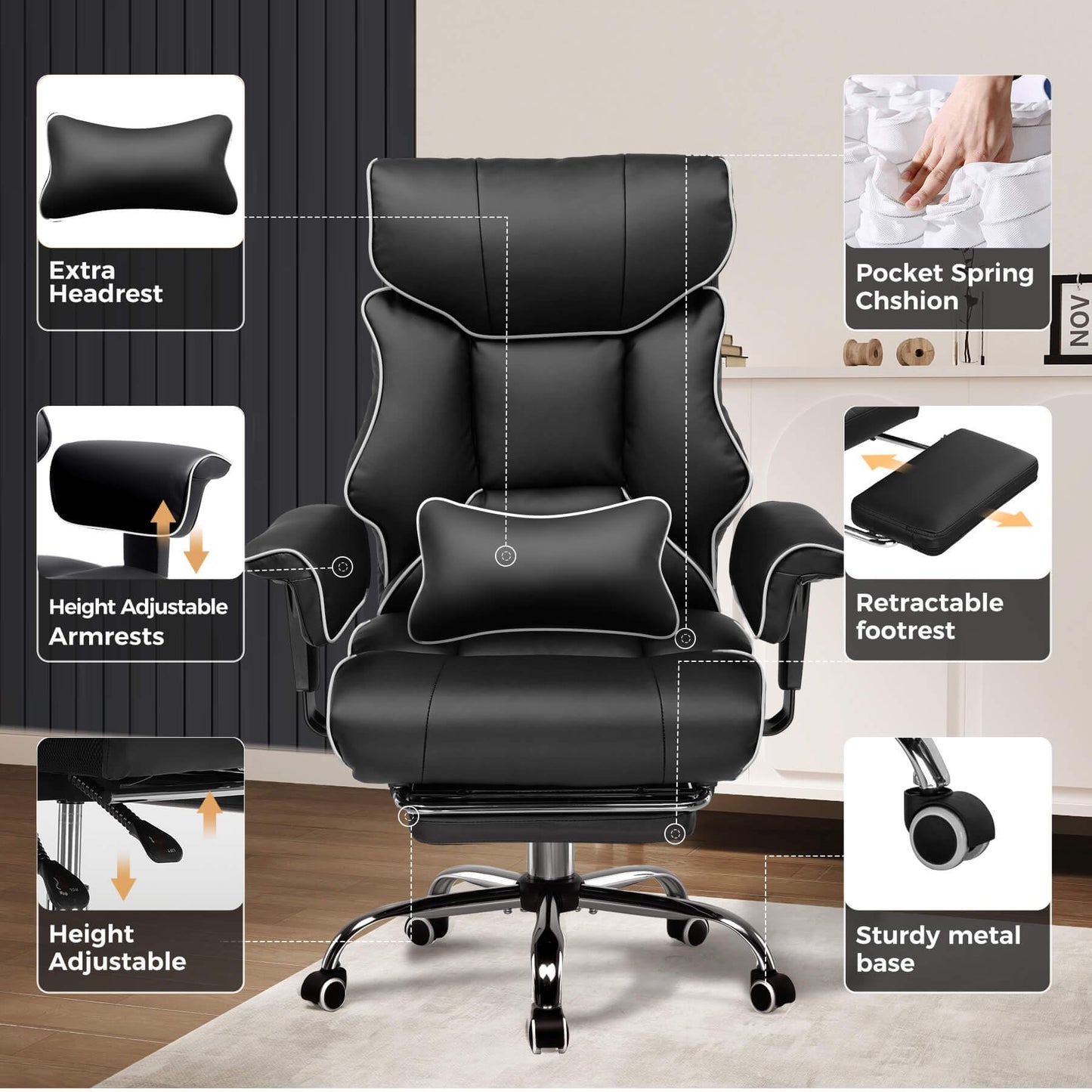 COMHOMA Big and Tall Office Chair 400lbs High Back Gaming Chair with Ergonomic Lumbar Support & Pocket Spring Cushion for Lower Back Pain Relief, Leather Executive Chair with Foot Rest, Iron Black