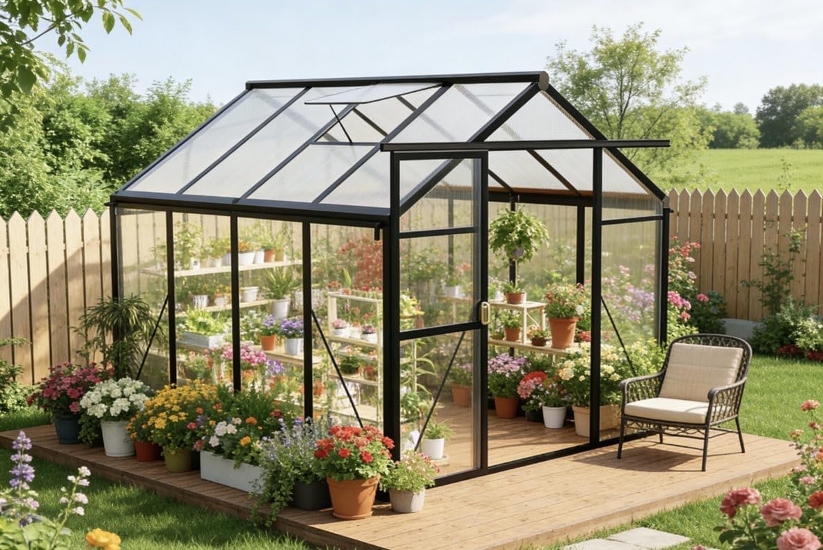 6x8 FT Greenhouse, Easy Assembly Aluminum Polycarbonate Greenhouses for Outdoors with Roof Vent, Large Aluminum Walk-in Greenhouse for Sunroom Patio, Backyard, Garden, Sliding Lockable Door, Black