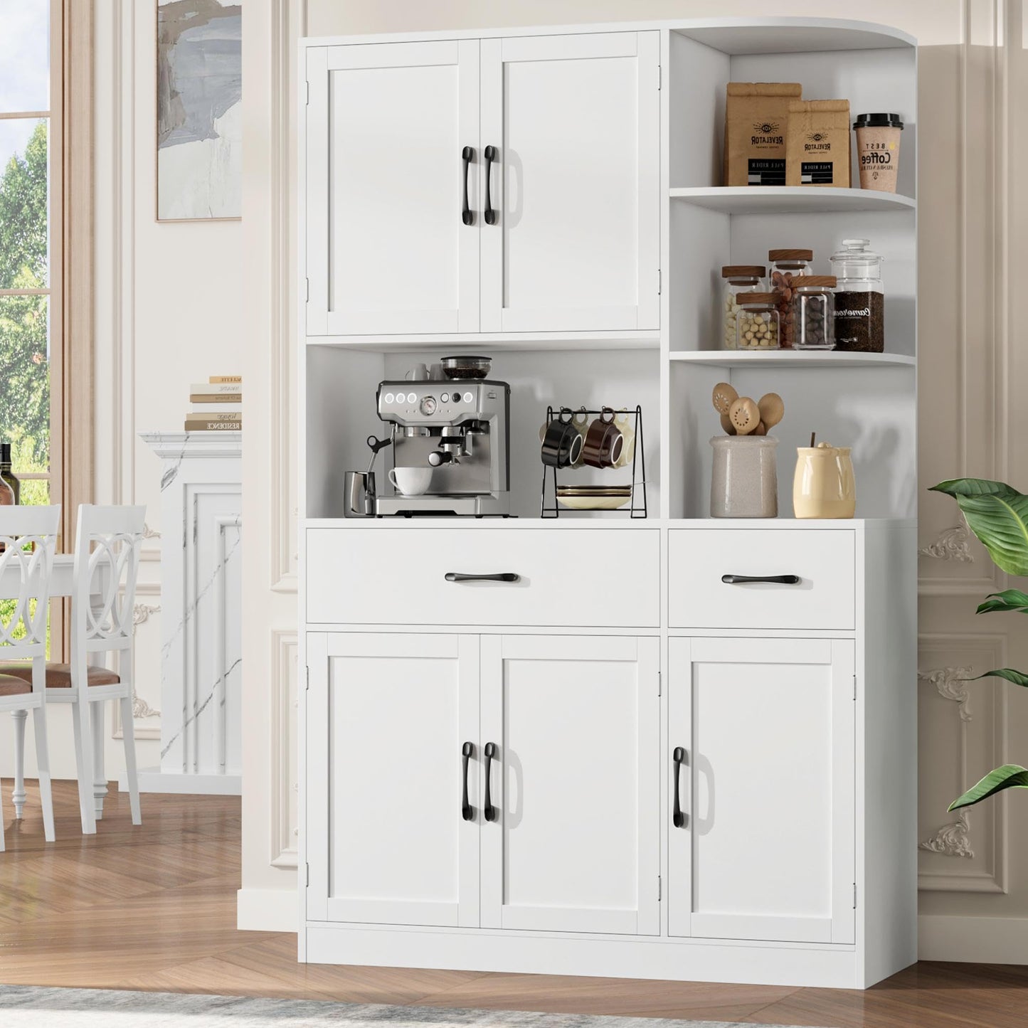 BOTLOG 67" Kitchen Pantry Cabinet, Modern Kitchen Hutch with 5 Doors and 2 Drawers, 3-Tier External Shelf, Large Pantry Storage Cabinet with Microwave Stand for Dining Room (White)