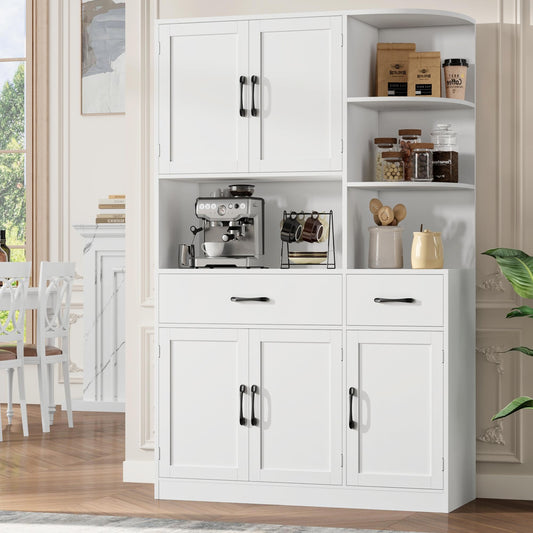 BOTLOG 67" Kitchen Pantry Cabinet, Modern Kitchen Hutch with 5 Doors and 2 Drawers, 3-Tier External Shelf, Large Pantry Storage Cabinet with Microwave Stand for Dining Room (White)
