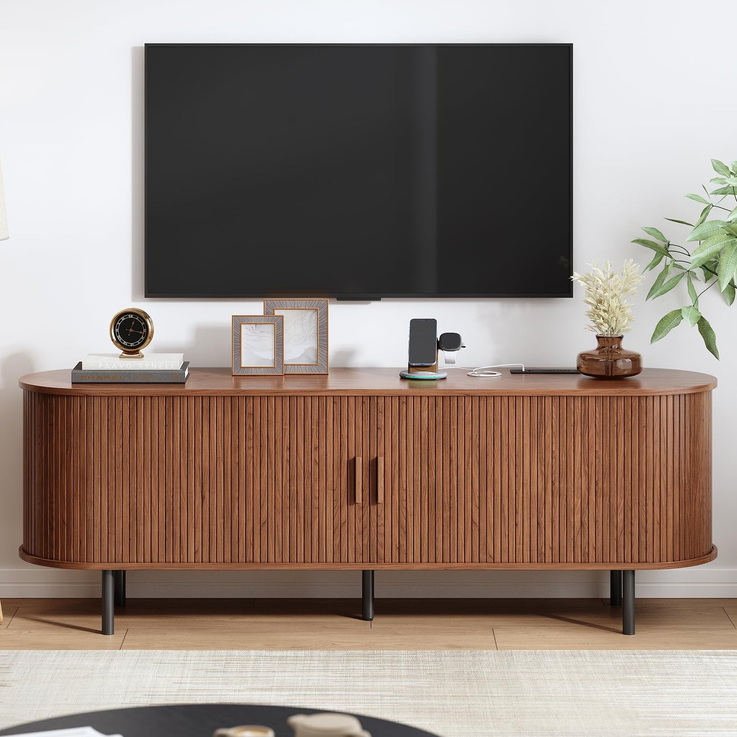 63" Fluted TV Stand with Power Outlet, Modern Media Console with Sliding Doors, Entertainment Center for TVs up to 60 Inch, Adjustable Shelves, Walnut