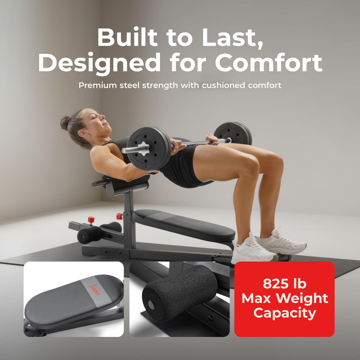 Sunny Health & Fitness Hip Thrust Machine for Home Gym, Multifunction Glute Trainer & Squat Machine, Core Workout Equipment with Resistance Bands, Adjustable Space-Saving Design