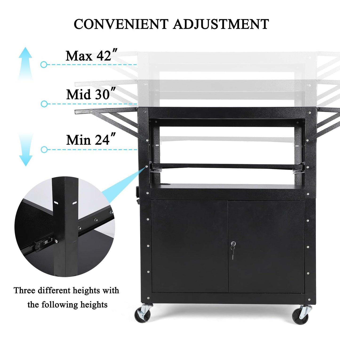 GAOMON Rolling AV Cart with Locking Cabinet, Laptop Stand, and Drop Leaves, Height Adjustable Mobile Utility Cart Workstation with Extra Storage Space, Power Strip