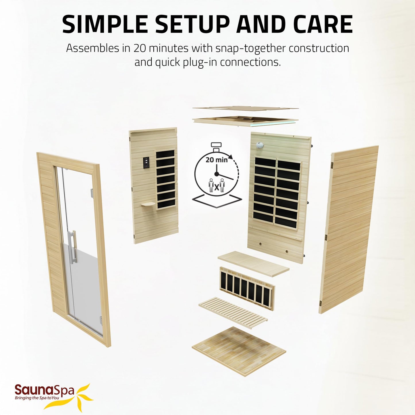 SaunaSpa Indoor 2-Person Infrared Cabin Sauna | Canadian Hemlock Wood Sauna with Low EMF Infrared Heating Panels, Tempered Glass Door, Chromotherapy Lighting, and Touch Control Panel with Bluetooth