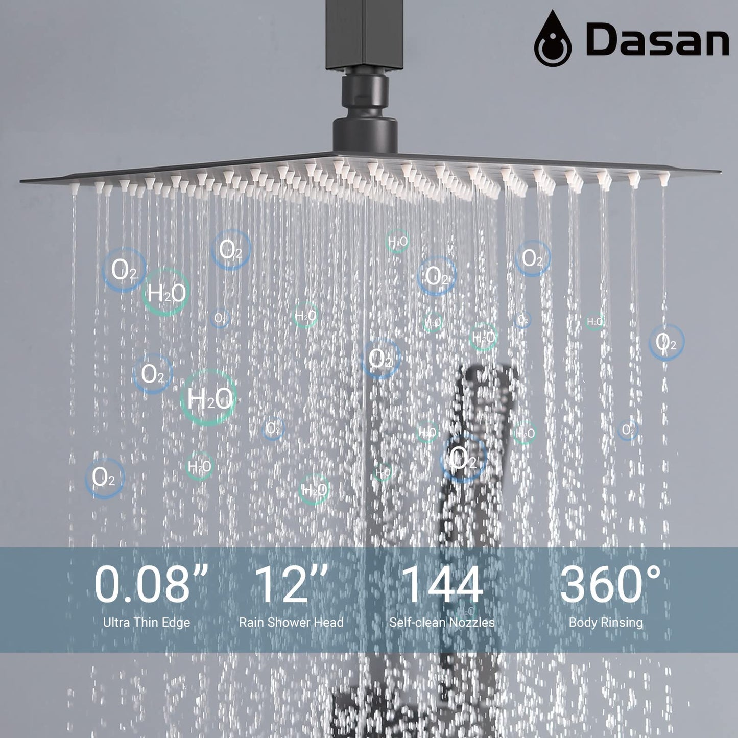 DASAN Full Body Shower System with 6 PCS Body Spray Jets & 12'' Rain Shower Head & Handheld, Ceiling Mount Rain Shower System Matte Black Shower Faucets Sets Complete with Valve, SA-SS03AMB-S12C2