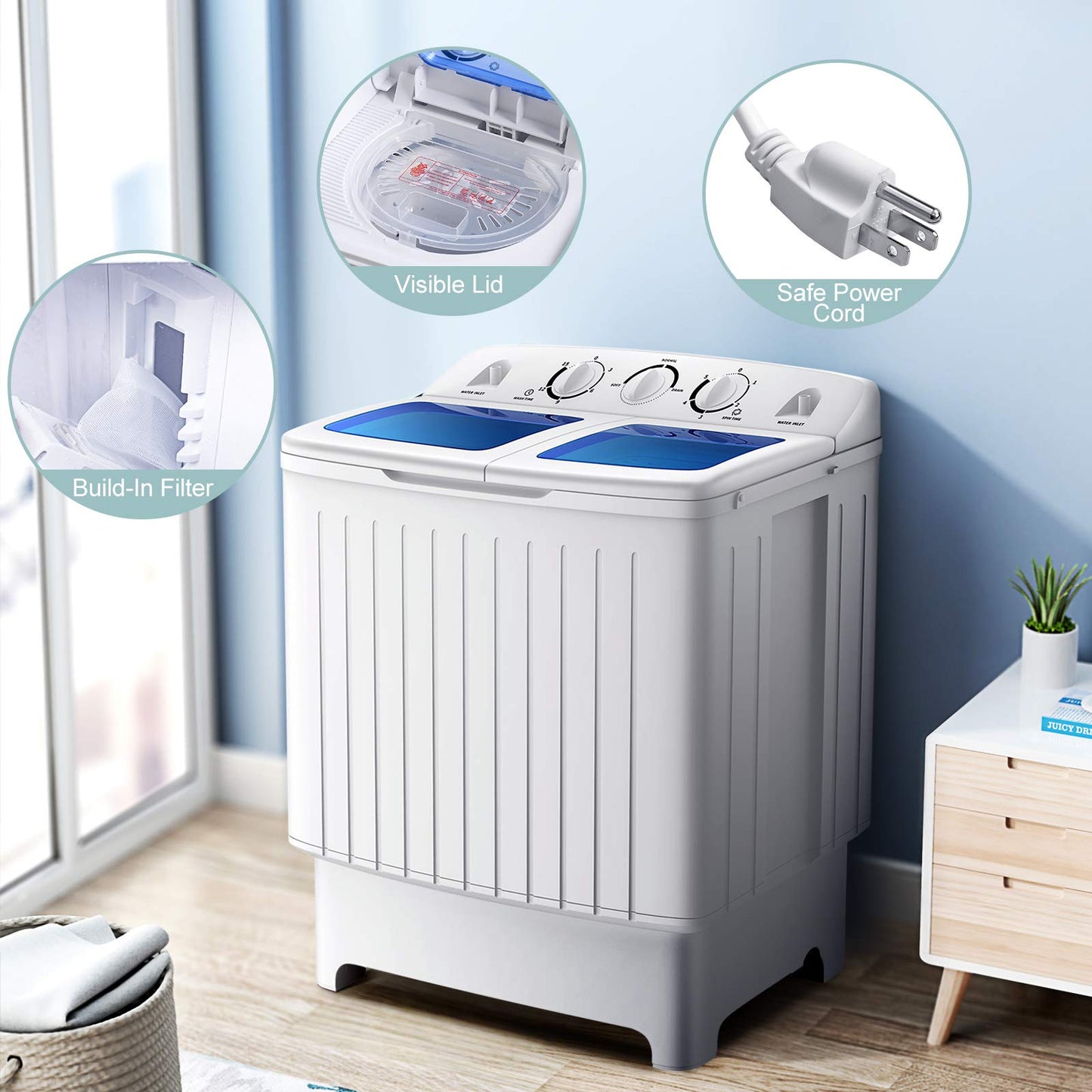 Giantex Portable Washing Machine, 20lbs Capacity, Twin Tub 2lbs Washer & 8lbs Spinner Combo, Compact for Apartment RV Dorms, Blue & White, GT24267-PE