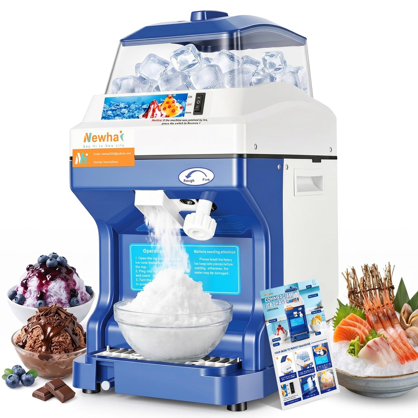 Newhai Ice Shaver Commercial Ice Crusher Electric Shaved Ice Machine 300W Automatic Snow Cone Maker 1400RPM Thickness Adjustable 441 LBS/H Ice Shaving Machine