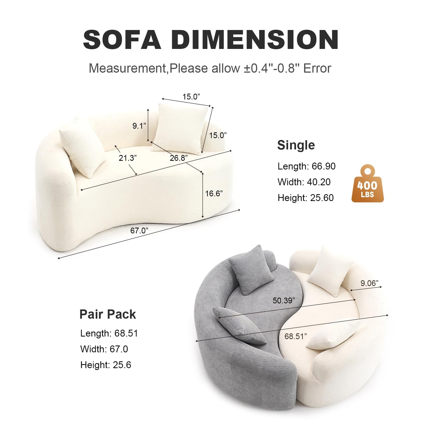 KEIKI S-Curved Loveseat Chenille Couches with 2 Pillows, Upholstered Luxury Plush Cloud Sectional Sofa for Living Room Apartment, Full Sponge Compression