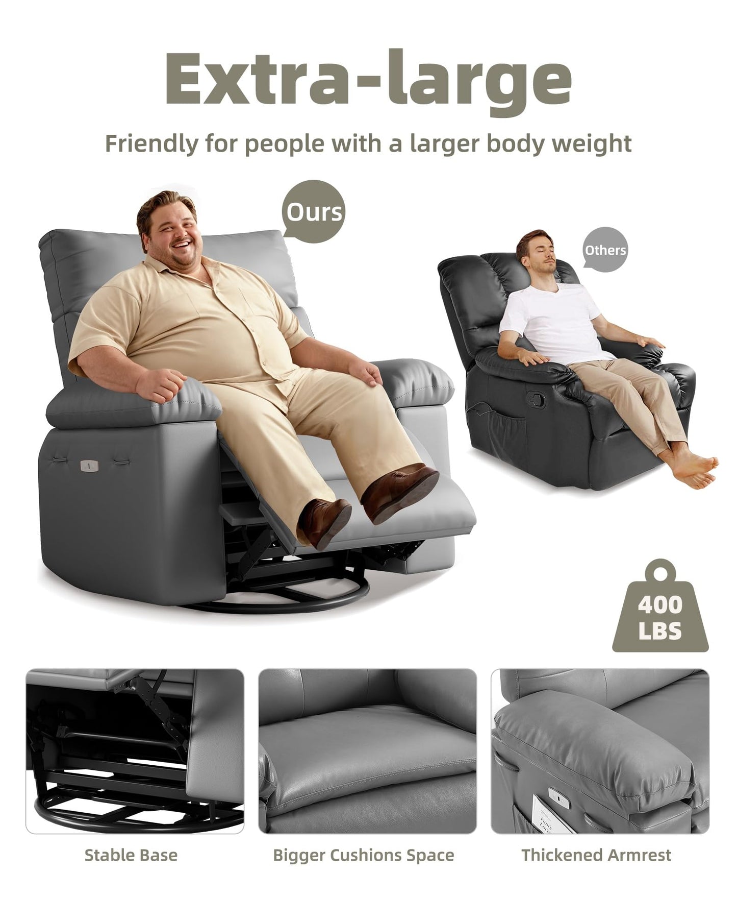 GarveeHome Oversized Power Rocker Swivel Recliner Chair - Heat and Massage, PU Leather Electric Glider Rocking Chair with USB Port, Glider Recliner Nursery Chair for Living Room, Bedroom, Nursery