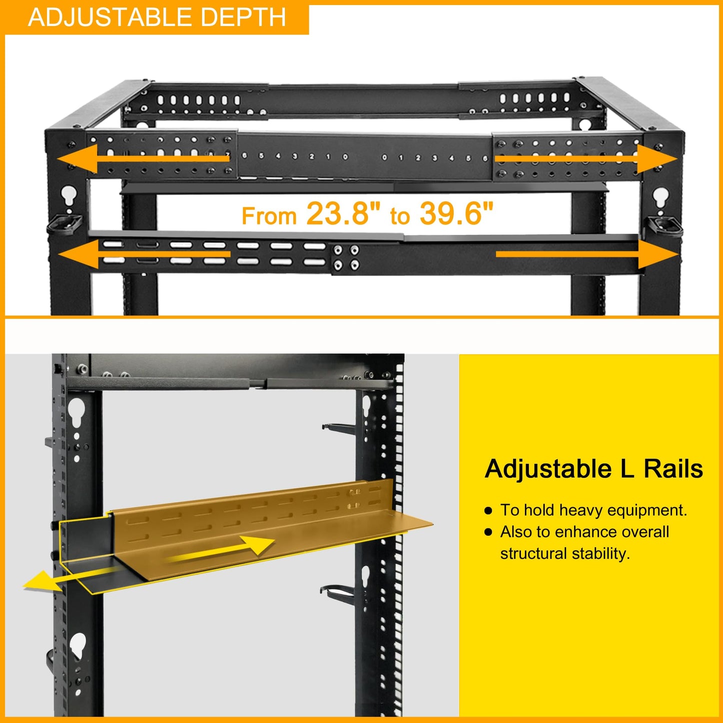 RIVECO 42U 19” Adjustable Depth Server Rack Support Up to 1700LBS Floor Standing 4 Post Rack with L Rails & Load-Bearing Casters Universal for Network Equipment Black