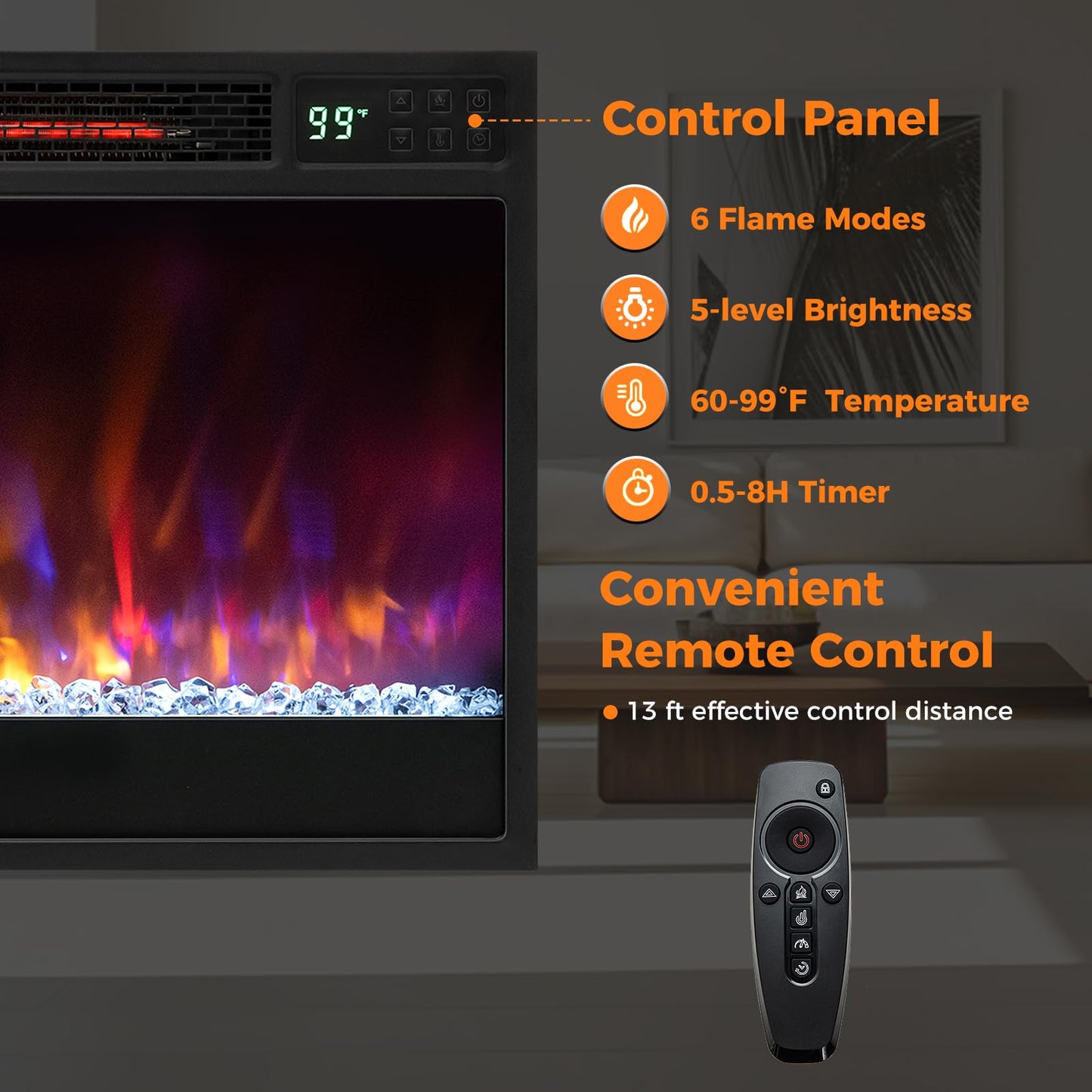 SIMOE 23" Electric Fireplace Inserts, 1500W Recessed Fireplace Heater with Remote Control, 6 Flame Colors & 5 Brightness, 8H Timer, Infrared Quartz Fireplace Insert for Indoor, 23" W x 17" H