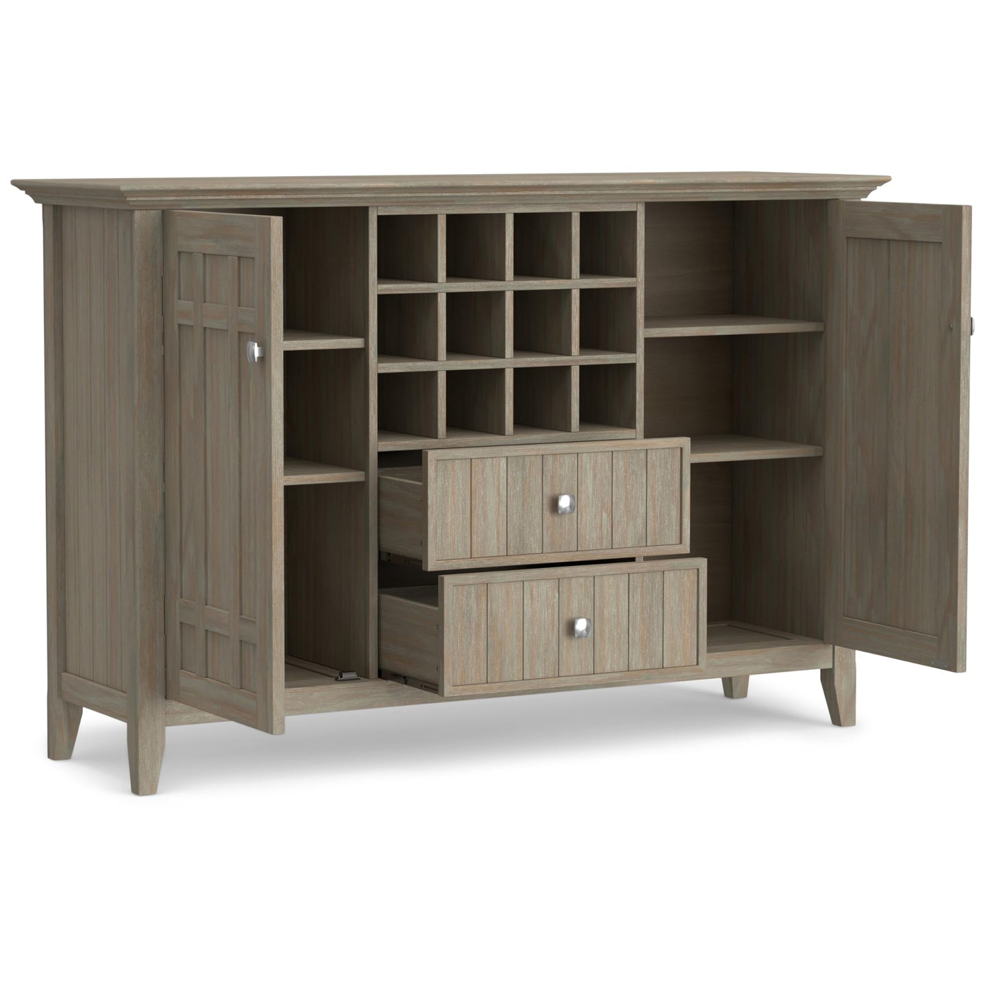 SIMPLIHOME Bedford Buffet - 54 inch Wide Solid Wood 3-Door Sideboard Buffet with Wine Rack in Distressed Grey, Transitional Cabinet for Dining Room or Kitchen with Adjustable Shelves