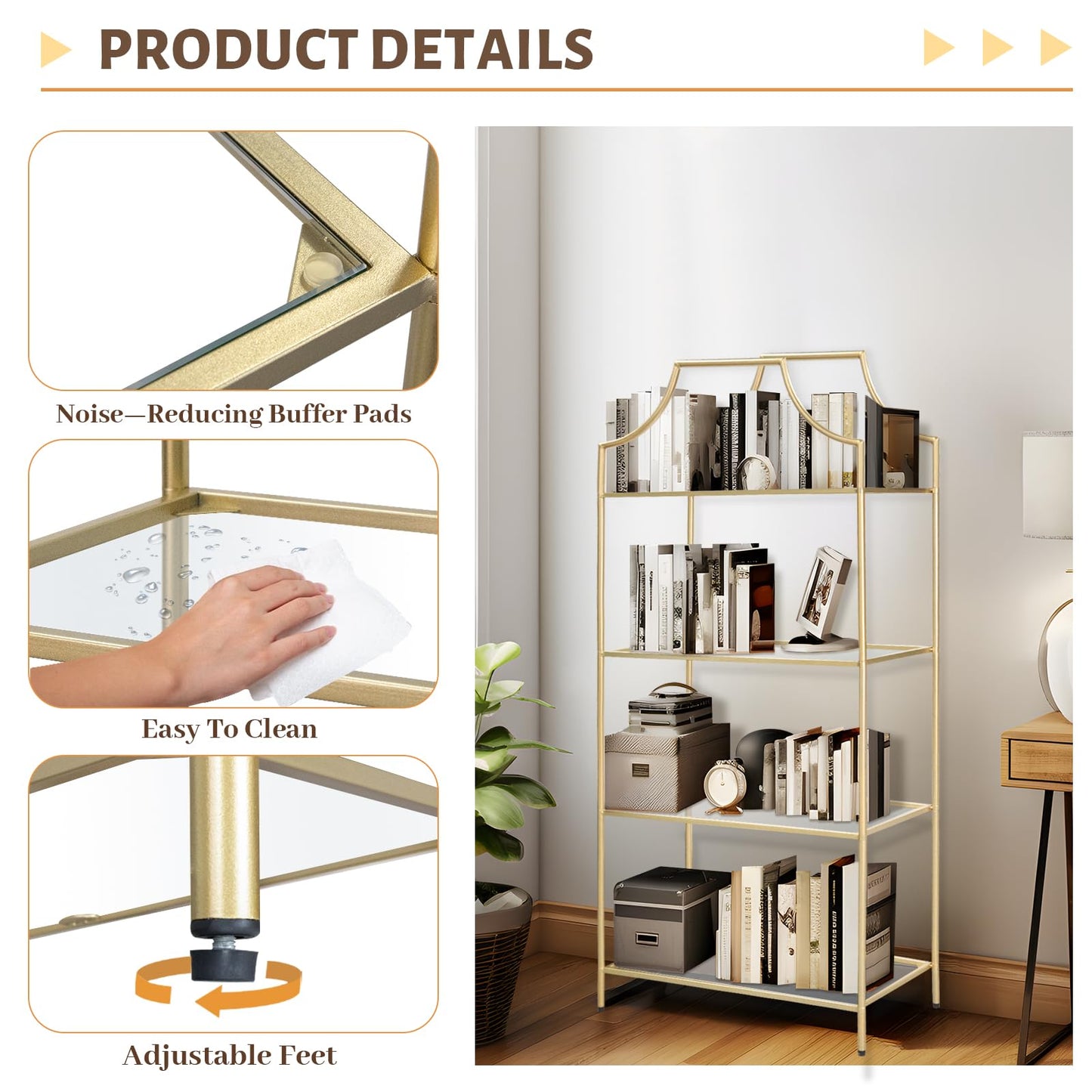 GIFTTROVE 4 Tier Bookshelf, Metal Book Shelf for Storage, Tall Storage Display Bookcase, Modern Open Book Case for Bedroom, Living Room, Glass Office Organization Shelf, 66.3" X 26" X 13"