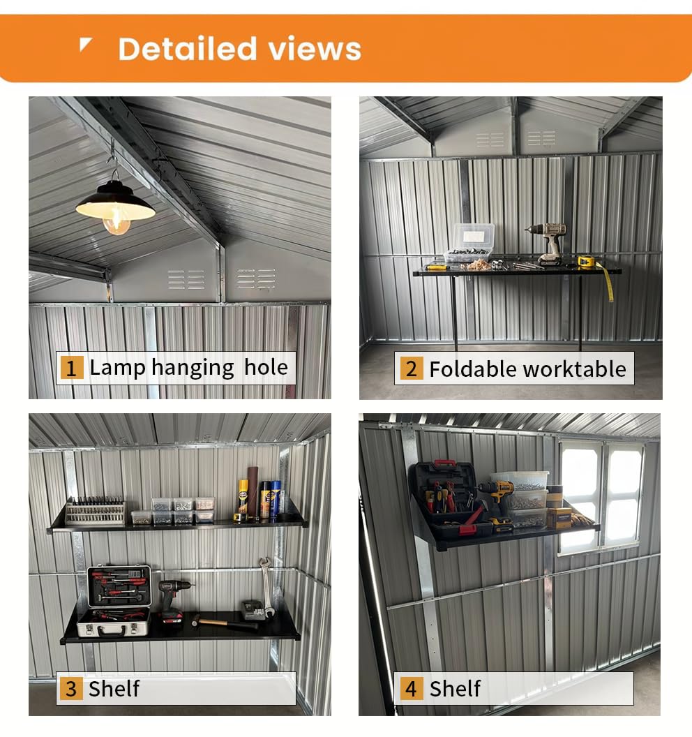 YOPTO 12x10 FT Outdoor Storage Shed,Metal Shed W/Goods Shelves & Window,Garden Tool House W/ 2 Vents & Lamp Hanging Hole & Apex Roof and Lockable Doors,for Backyard Patio Lawn,Grey