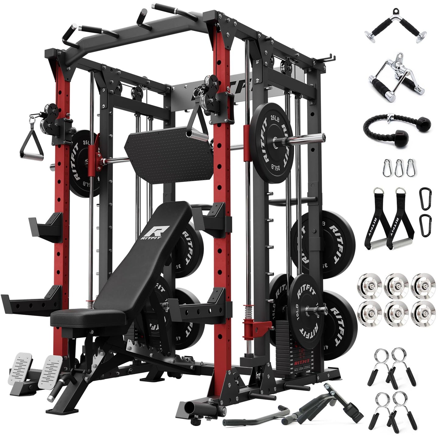 RitFit Buffalo Smith Machine Package, All-in-One Power Cage with Weight Stack , Power Rack with Cable Crossover & Leg Press Attachment for Home Gym(RED,BP260)